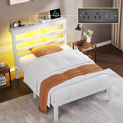 Marco de cama tamaño Twin con cabecera de almacenamiento, cama plataforma industrial con estación de carga y luces LED, espacio de almacenamiento