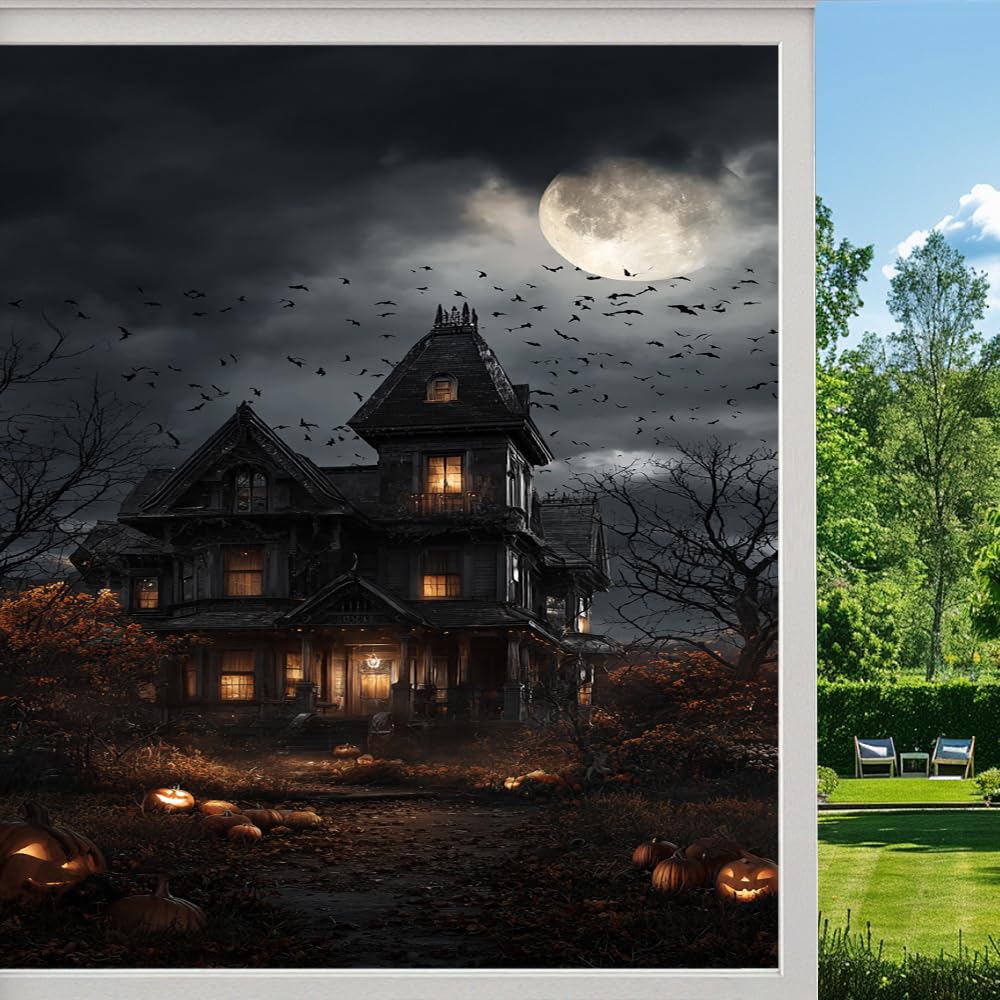 Pmlbaous Gothic Halloween Castle Stained Glass Window Film, Horror Forest Pumpkin Peel And Stick Privacy Film, Frosted Adhesive Vinyl Decorative For Bathroom Windows Glass Doors, （55X100cm）