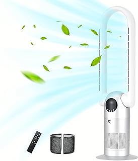 Ocean Loong Bladeless Tower Fan & HEPA Air Purifier, 9 Speeds & 9H Timer Quiet Cooling Fan, 90 ° Oscillating Bladeless Fan with Remote, 38.6” Floor Fan for Bedroom Home Office-Silver