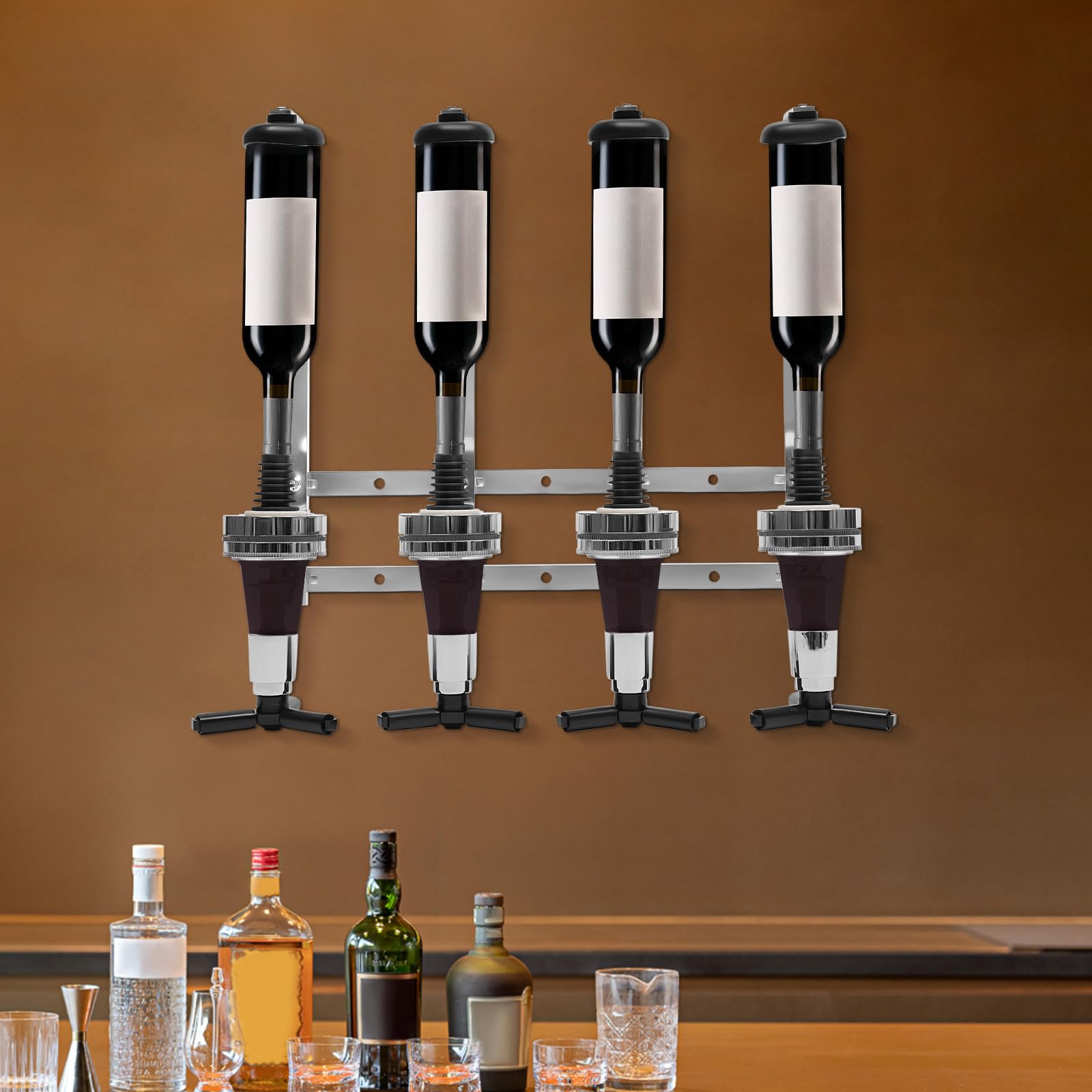 Wall Mounted Li-quor Dispenser 4 Bottle Bar Butler Bracket Revolving Nozzle Drinkware Set for Bar Home Party Use Fit Wine Cocktail Al-cohol Drink Beverage Juice