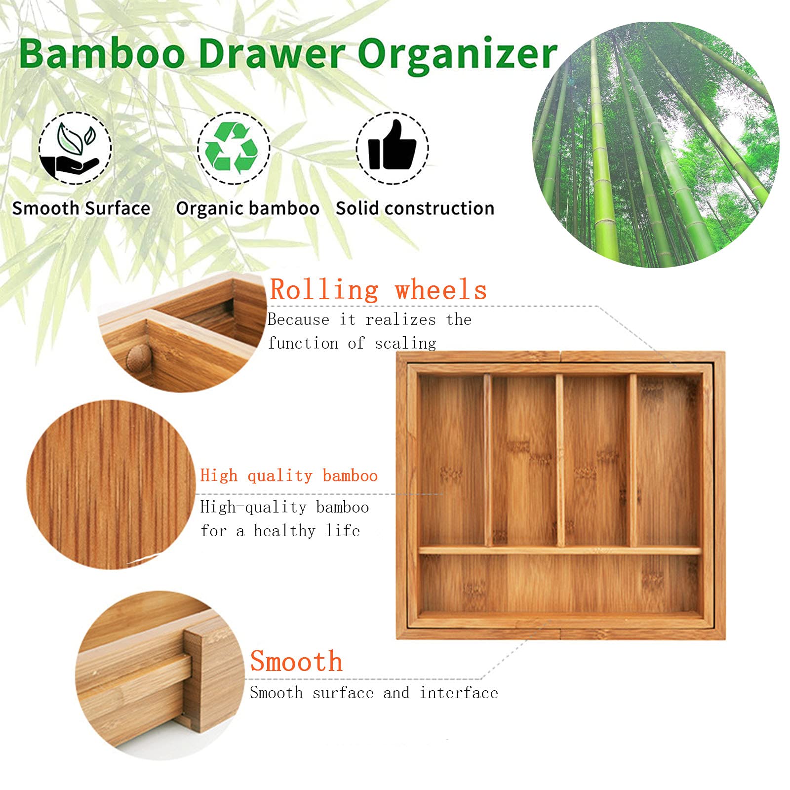 Organizador de cajones de cocina Bandeja de utensilios extensible Organizador de cajones Cubiertos Organizador de cubiertos en cajón Organizador de cajones de cubiertos de madera Bandeja de cubierto