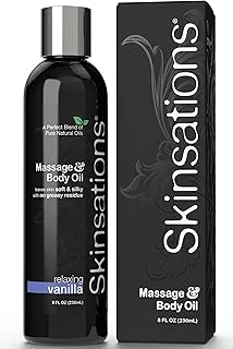 Skinsations - Massage & Body Oil - Vanilla 8oz | Soothing Blend of Edible Sweet Almond, Fractionated Coconut, Grape Seed &...