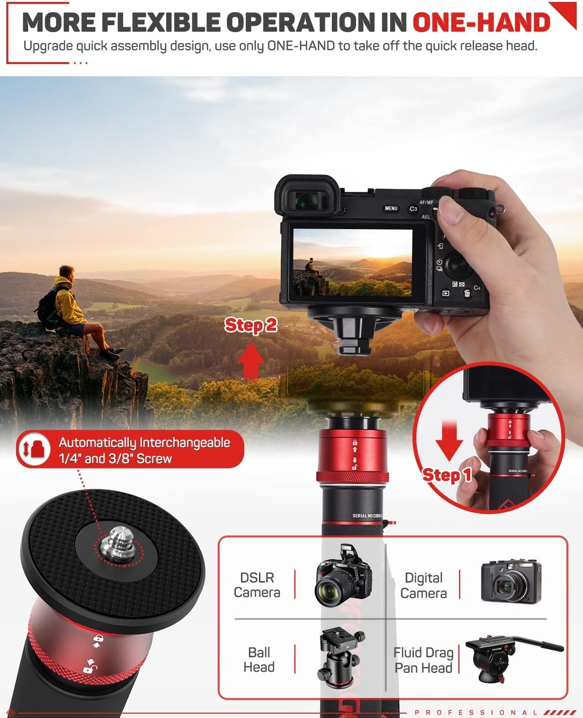 IFOOTAGE Cobra 3 A180T Fotografie-Kamera-Einbeinstativ mit Standfüßen, Drehverschluss-Design für monopod stativ mit abnehmbarem Stativfuß, Canon, Nikon, Sony, DSLR & Videokamera