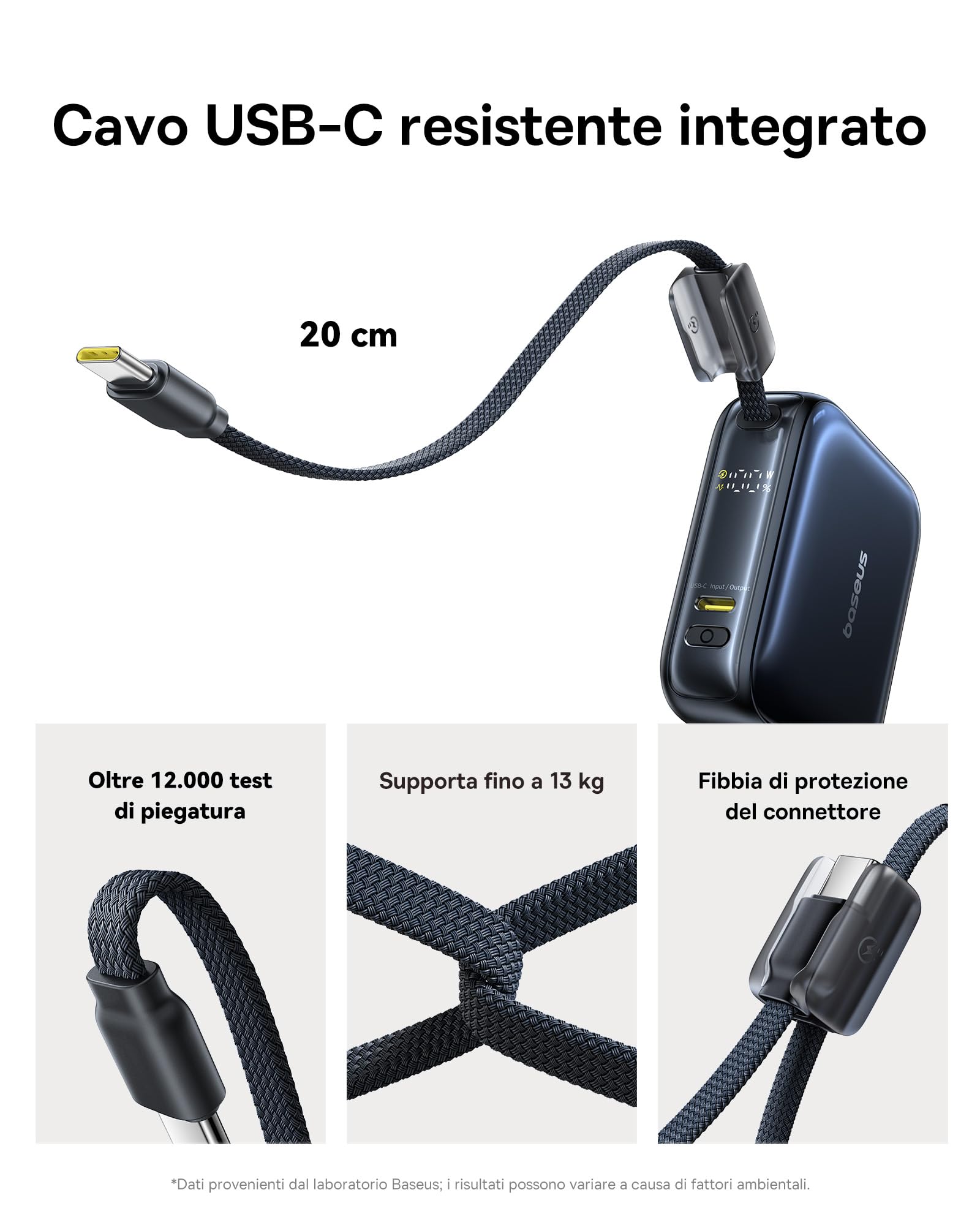 Baseus AC22 Mini Powerbank 10000mAh, PD 45W Power Bank Portatile con Cavo USB-C integrato, Batteria Esterna Ricarica Rapida per iPhone 17/16/15, Samsung S26/S25 Ultra, iPad, Pixel 10/9
