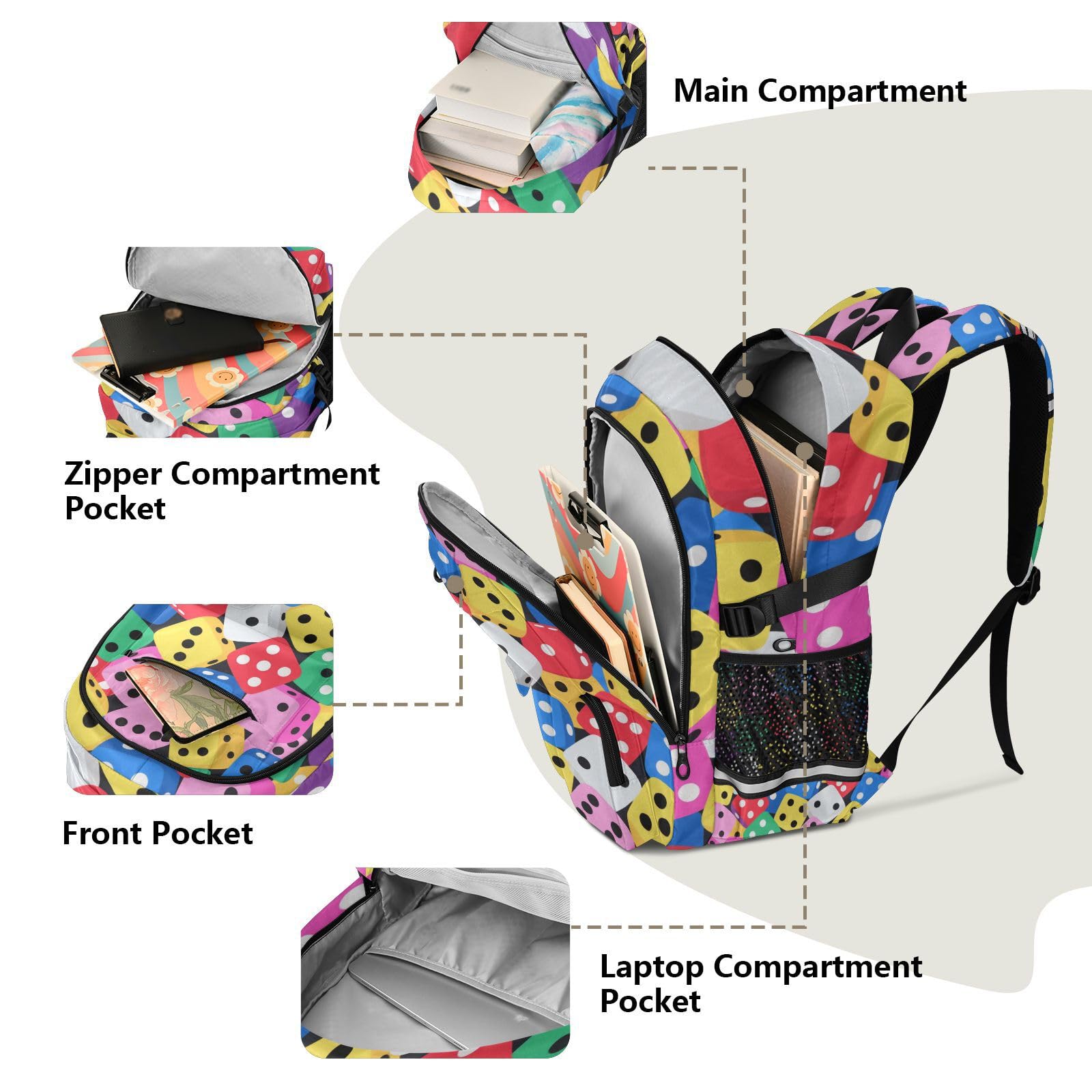 Sac à dos de voyage pour homme - Motif de dés colorés - 44,5 cm - Léger et décontracté