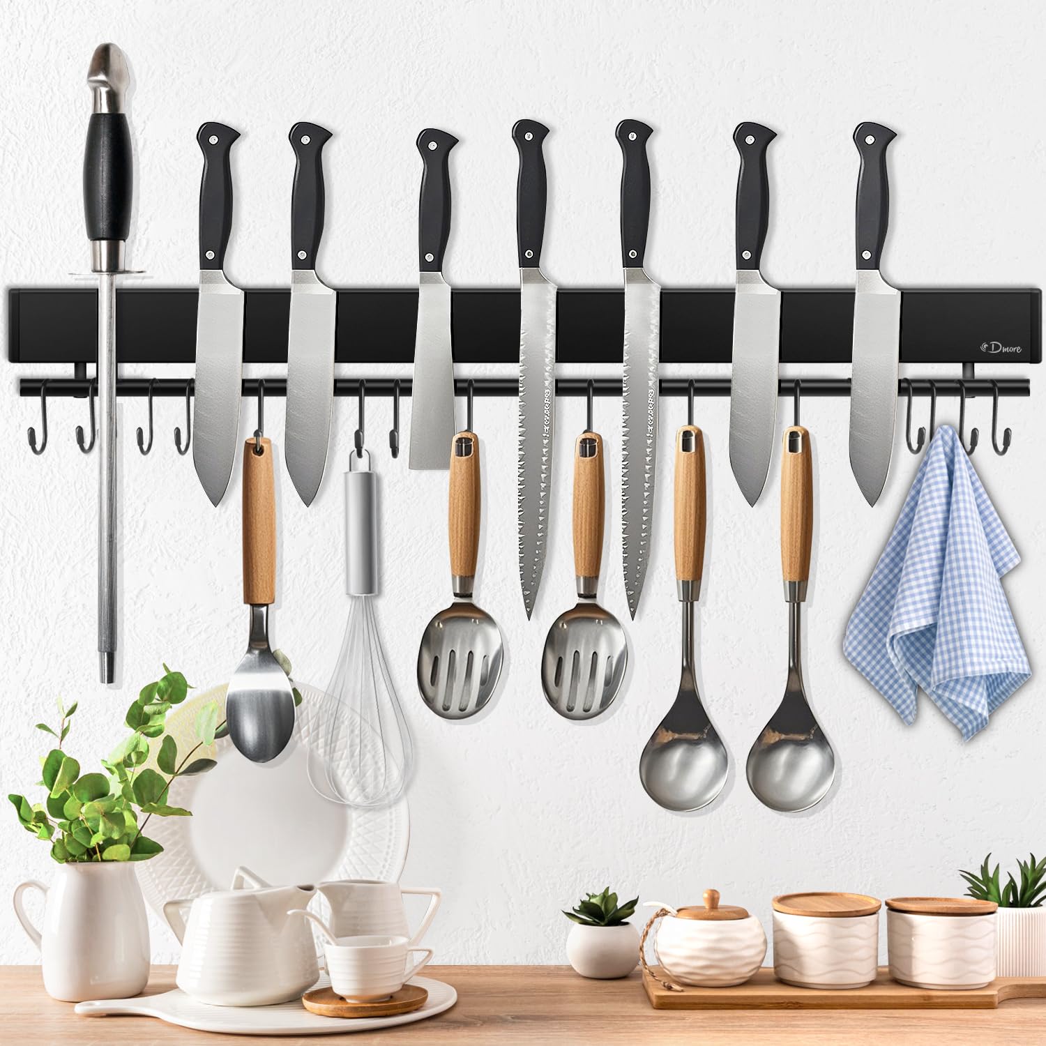 Dmore magnetic knife holder for wall—with 15 hooks, No Drilling 23 Inch black knife magnetic strip, Extra Strong Magnet knife rack, include Adhesive