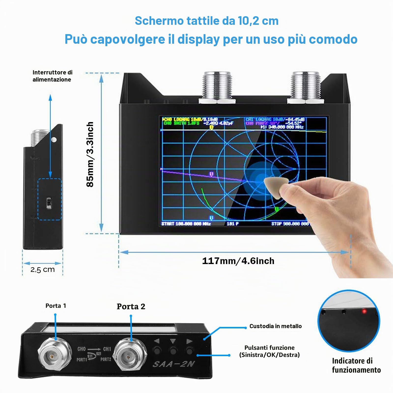 AURSINC Nanovna SAA-2N V2.2 Vector Network Analyzer 4inch Touchscreen 50KHz-3GHz HF VHF UHF Antenna analizzatore, con sacchetto di stoccaggio