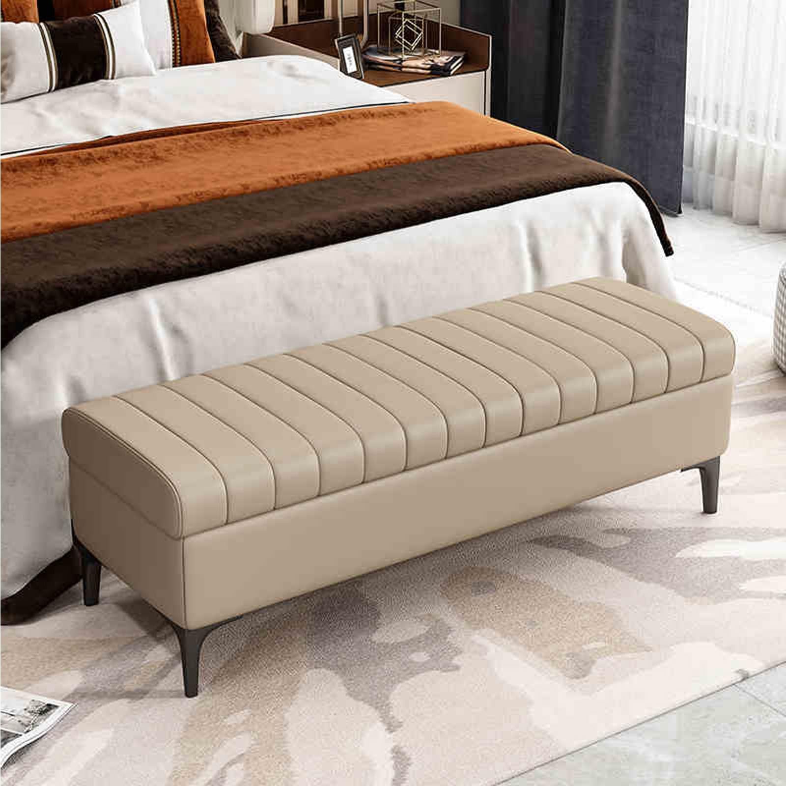 Banc de rangement moderne en cuir et pouf ottoman pour salon