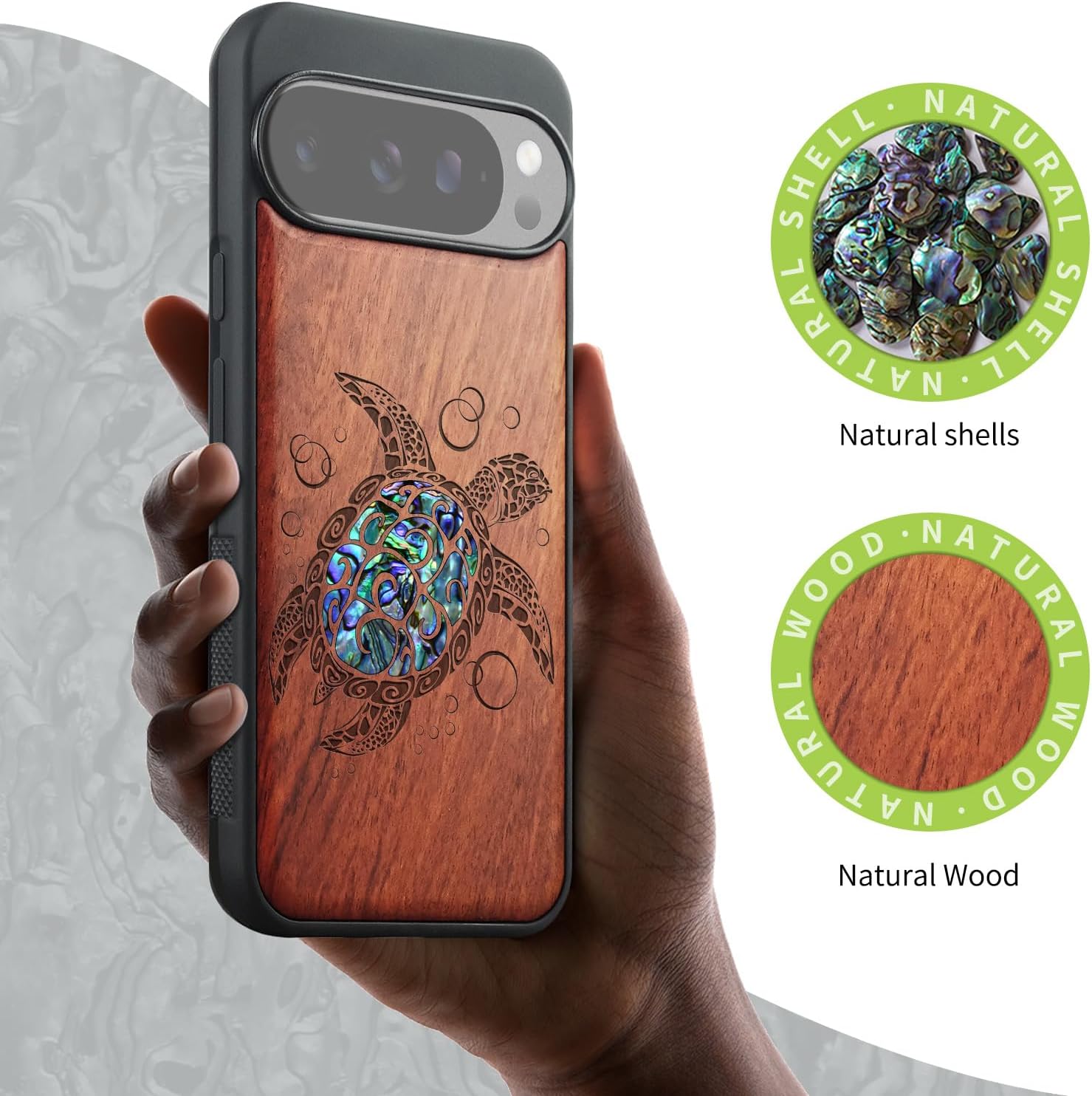 Carveit Magnetic Wooden Case for Google Pixel 10 Pro XL Case, Wood Artisan Engraved & Handmade Shell Inlaid, Compatible with MagSafe Wireless Chargers, Sea Turtle - Rosy