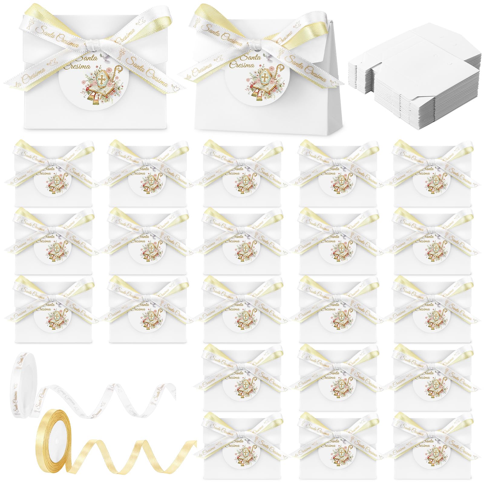 Boîtes à dragées baptême et anniversaire, 50 étiquettes Santa Cresima pour cadeaux d'invités