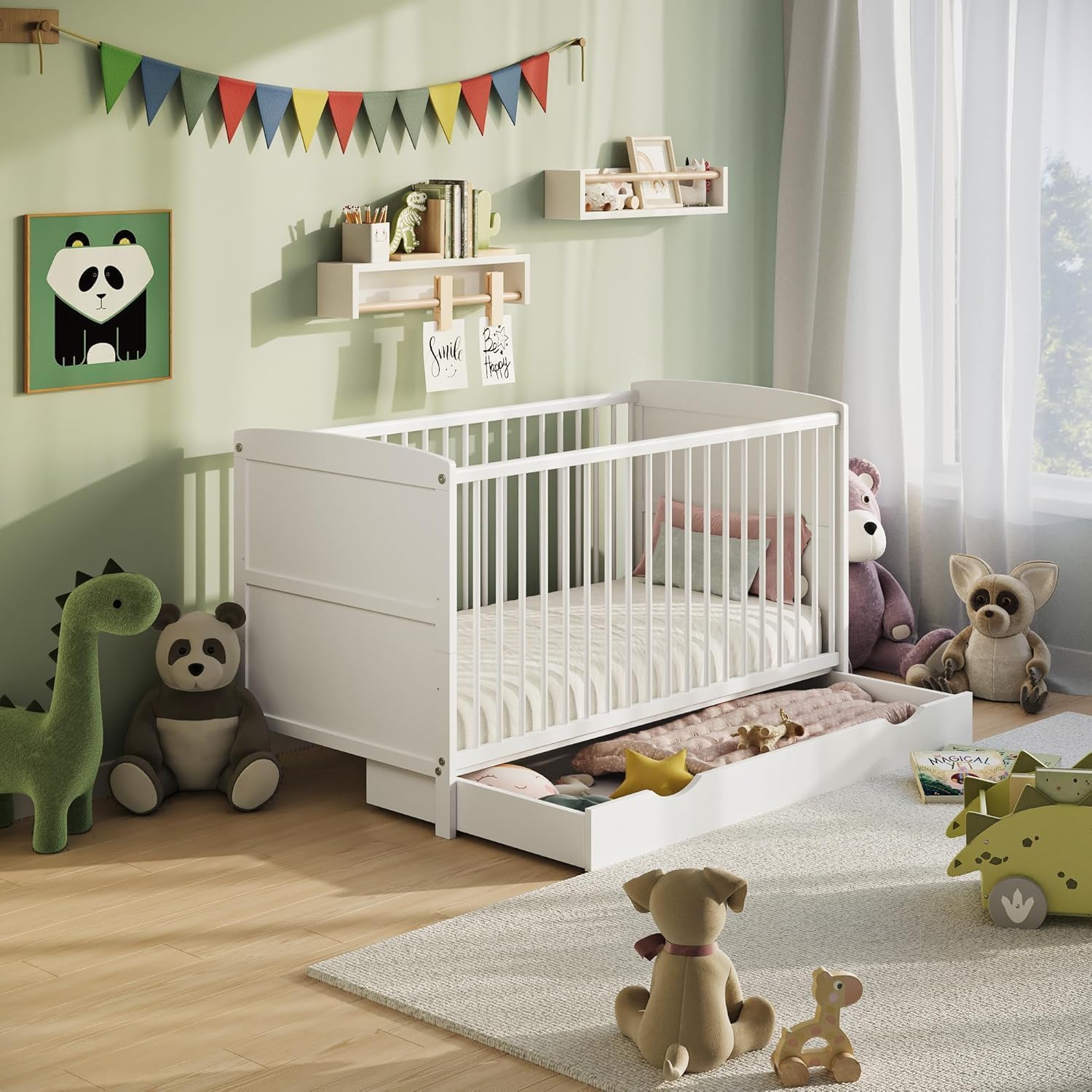 Lit bébé 70x140 avec tiroir, lit à barreaux, lit pour enfant, hauteur réglable et barreaux amovibles avec matelas | autres tailles : 60x120 cm | 70x140 cm : de la naissance jusqu'à 6 ans, blanc