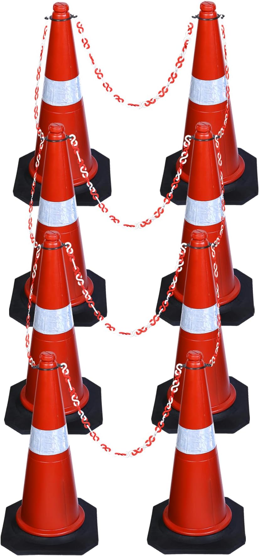 ABS INDUSTRY Safety Cones 8 Cones with 8 Meters S Hook Safety Chain and 8 Hooks Multipurpose PVC Plastic Traffic Safety Cone with Black Rubber Weighted Base and Highly Visible Reflective Collar