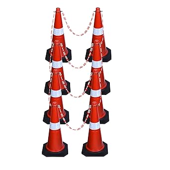 ABS INDUSTRY Safety Cones 8 Cones with 8 Meters S Hook Safety Chain and 8 Hooks Multipurpose PVC Plastic Traffic Safety Cone with Black Rubber Weighted Base and Highly Visible Reflective Collar