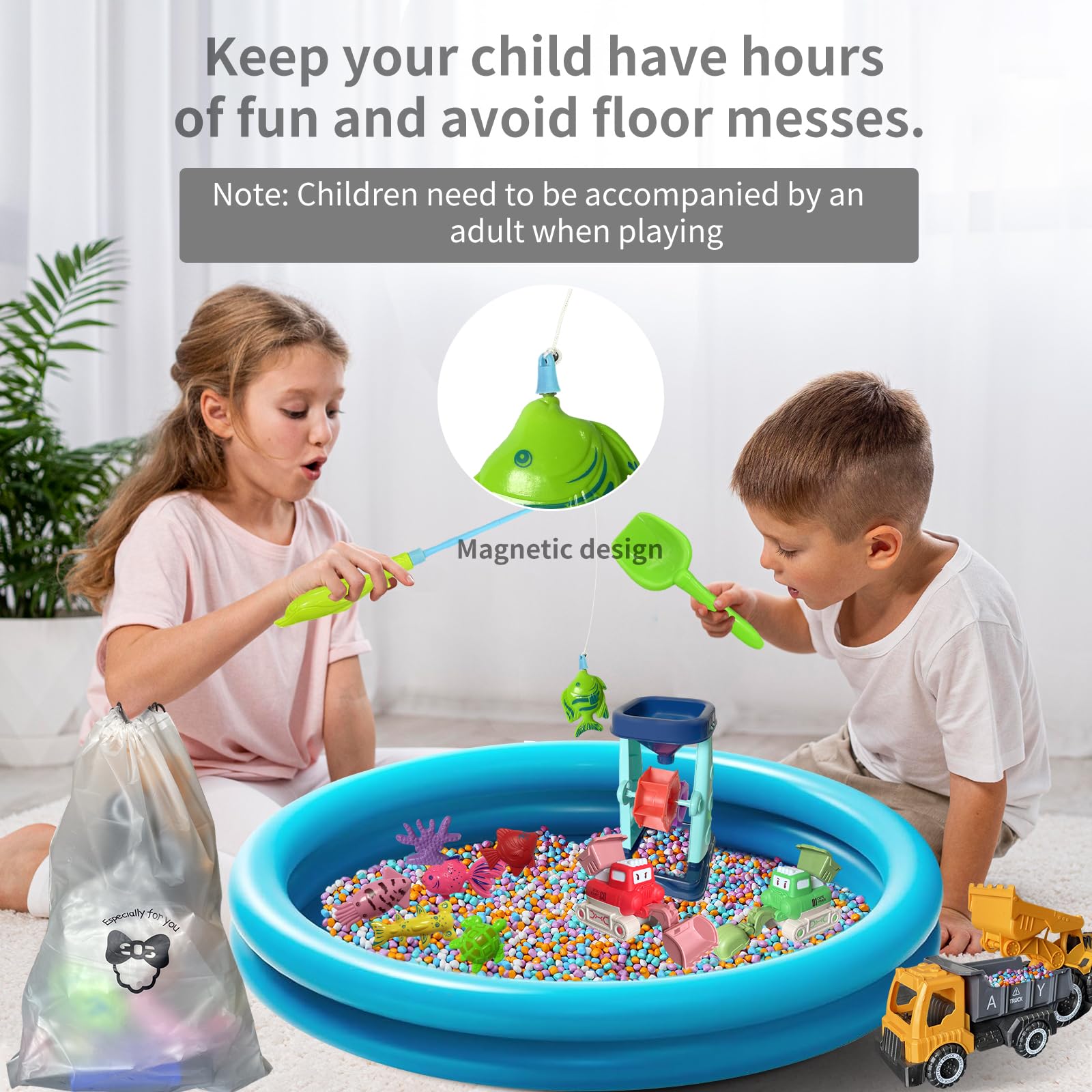 Elfew Construction Truck Sensory Bin Toys for Kids, Inflatable Pool with 4.4lbs Gravel Rocks, Fishing Toys, Construction Truck Kit, Sensory Table Filler,Mess-Free Indoor Outdoor Activities Play