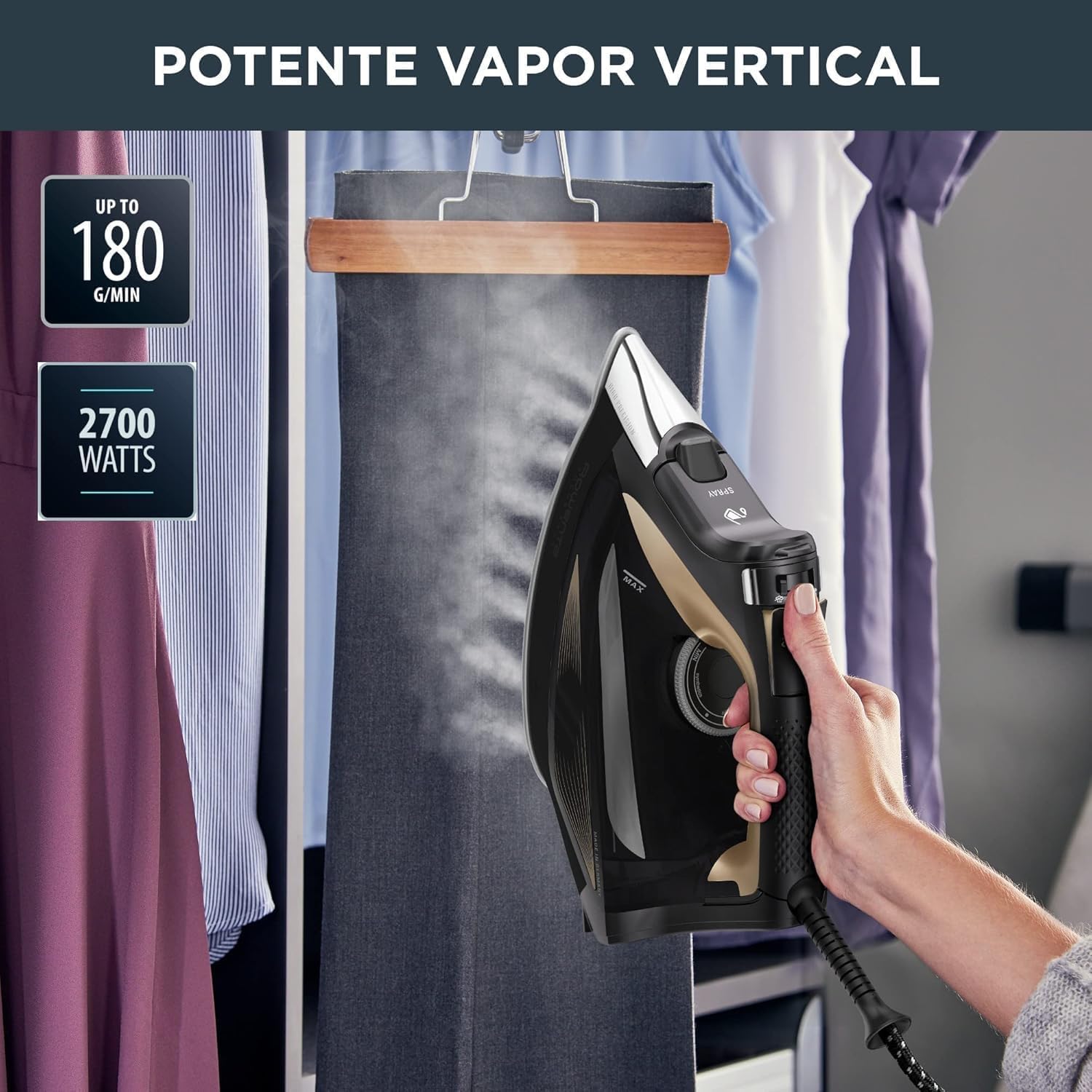 Rowenta Focus Excel, Placha de vapor vertical 2700 W, golpe de vapor 180 g/min, vapor continuo 45 g/min, suela Microsteam Laser 400, antigoteo, función Eco, ahorro energía, Negro Marrón, DW5325