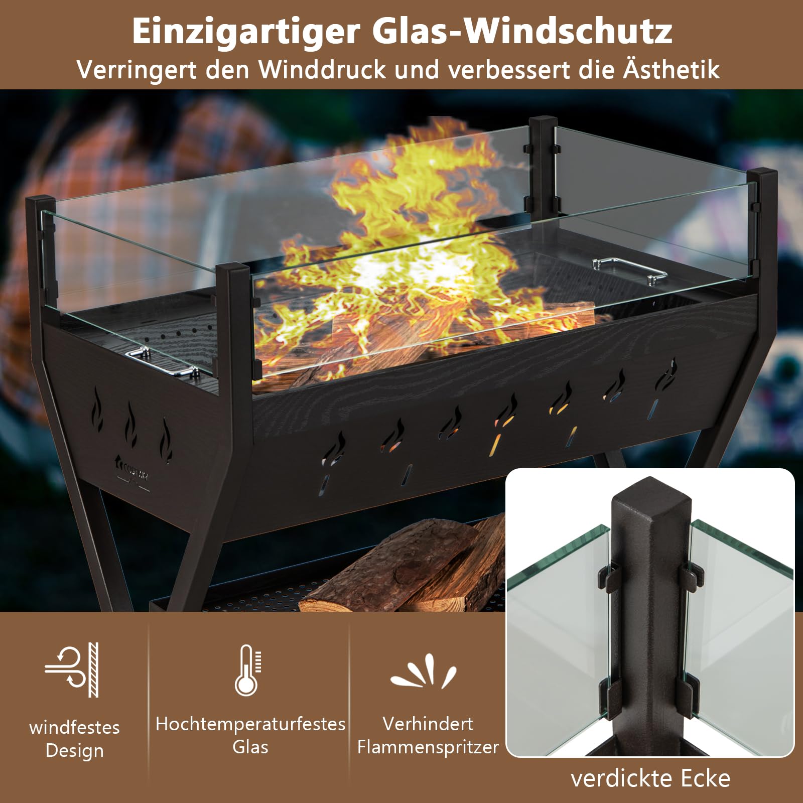 GOPLUS Grill na węgiel drzewny 3 w 1, wielofunkcyjny grill ogrodowy ze stali nierdzewnej z dużą powierzchnią grillowania, ochroną przed wiatrem i półkami, stojący grill BBQ na piknik, imprezę, kemping