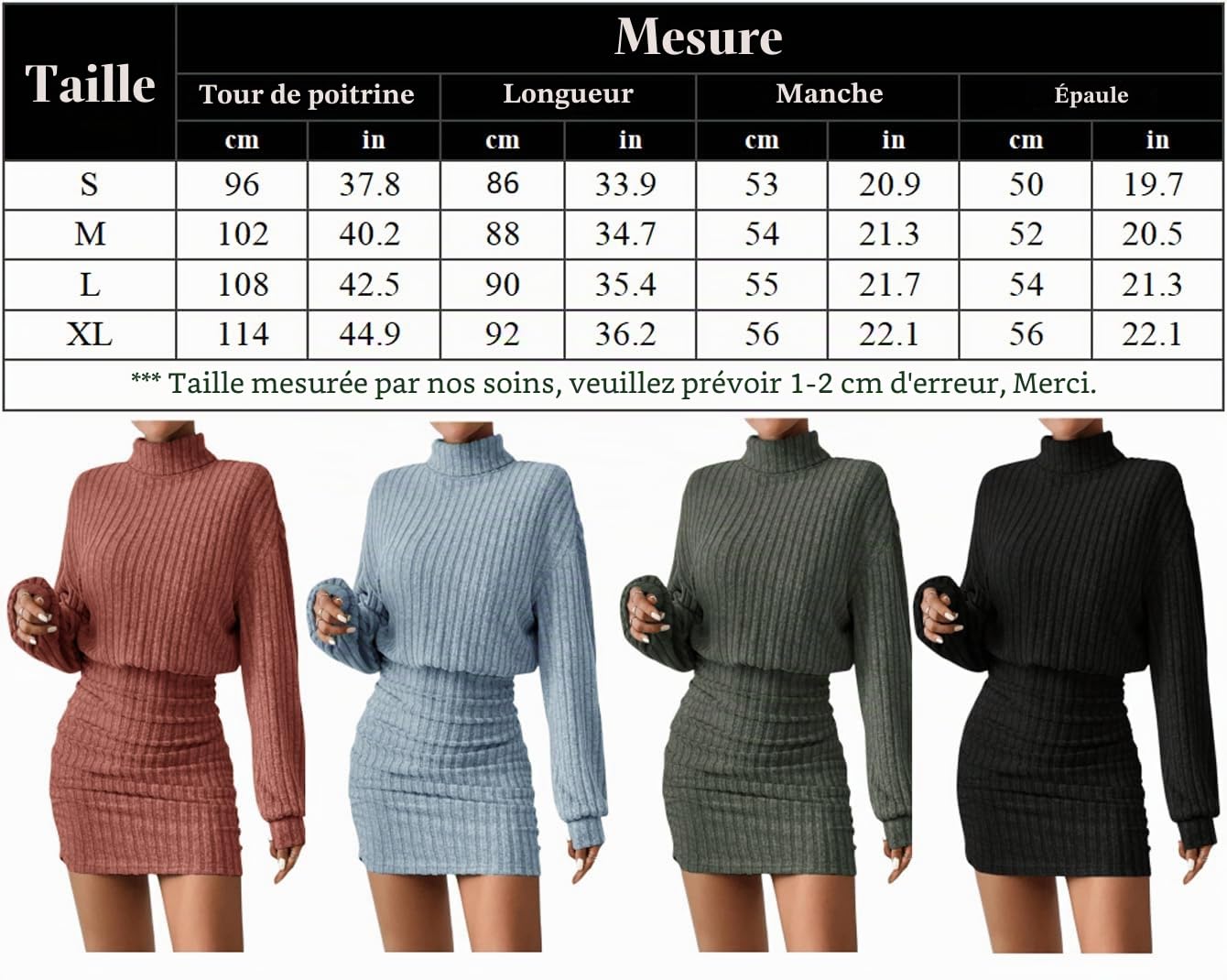 TrendiMax Robe en Tricot pour Femme col Montant Manches Longues Courte pour fête Club Automne Pull serré Robes d'hiver Dress Casual