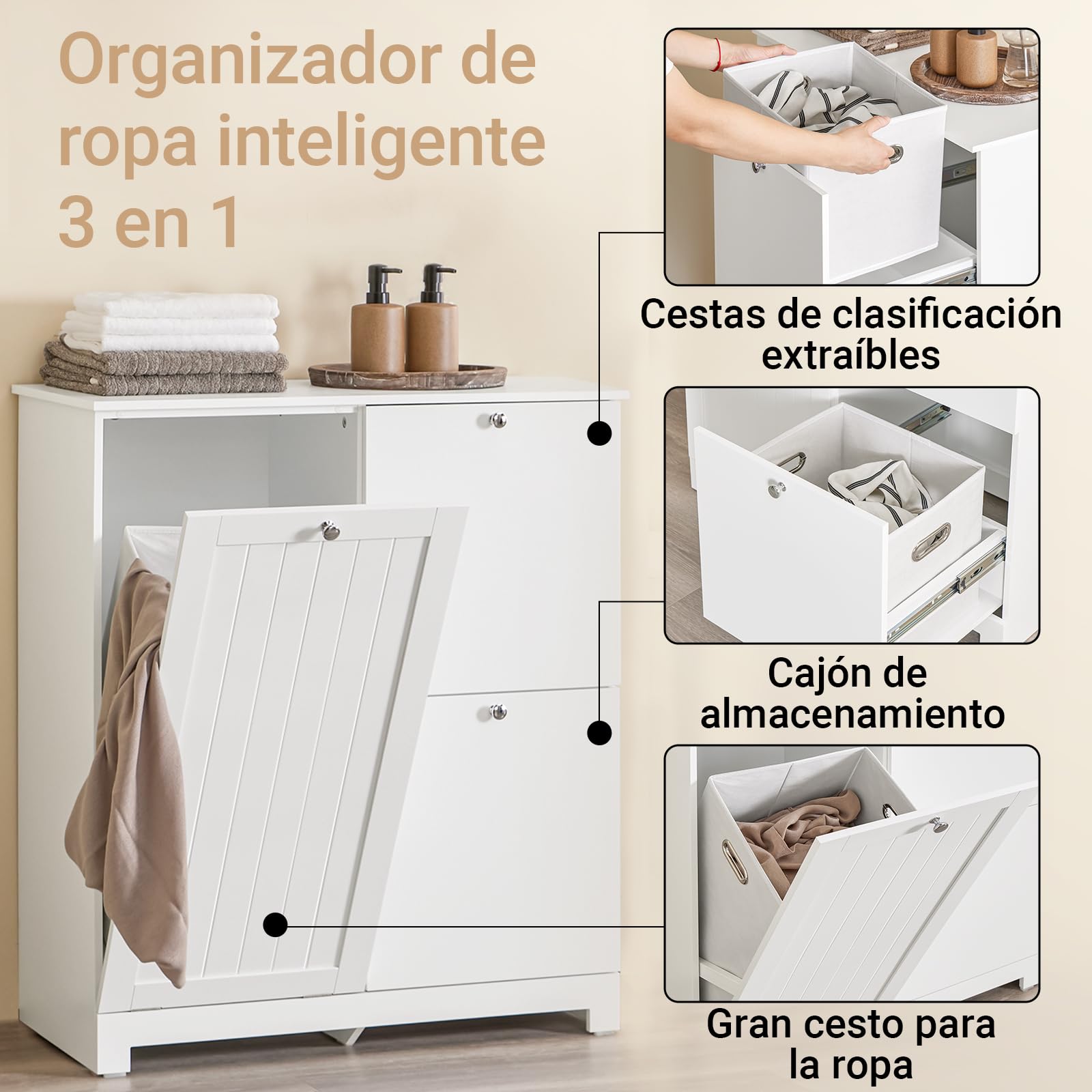 SoBuy Mobile Bagno Salvaspazio Colonna Bagno Stretta 78x38x90cm con 1 Cesto Grande Integrato e 2 Cesti in Tessuto Estraibili – Armadietto Mobile Lavanderia BZR213-W