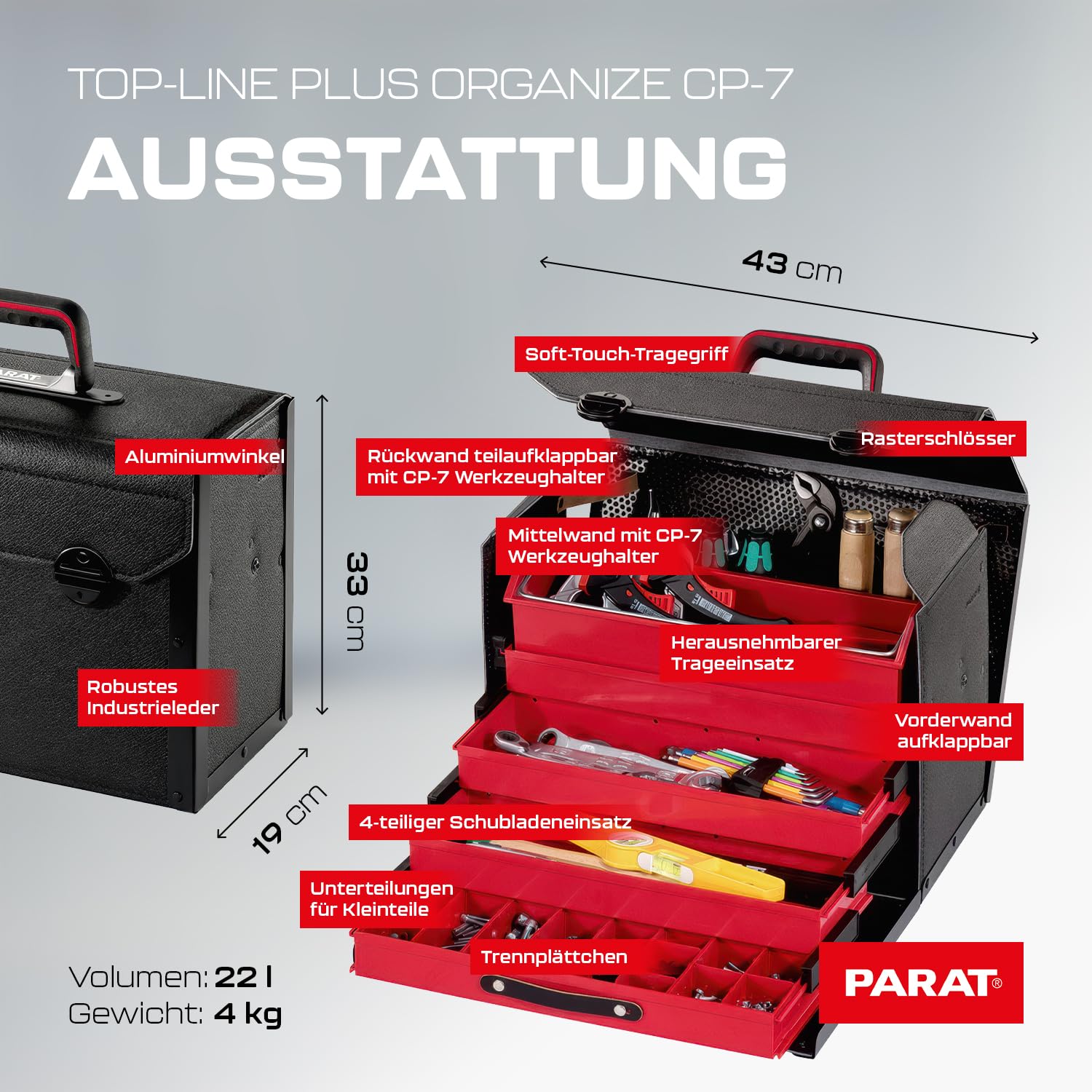 PARAT TOP-LINE Plus Organize CP-7 Schubladentasche | Werkzeugtasche leer mit Schubladen für Kleinteile & Werkzeuge | Robuste Werkzeugtasche mit CP-7 Haltern | Leer & Modular Organisierbar
