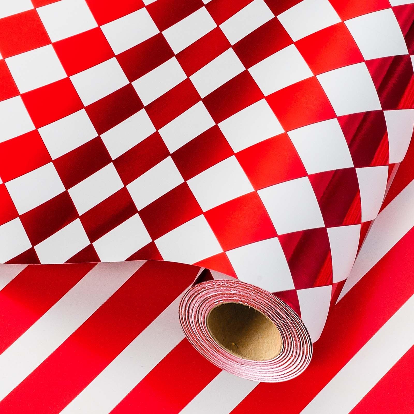 Wikadlik Red White Checkered Wrapping Paper Roll - 43cm x 10m Plaid and Stripe Metallic Design Gift Wrap Paper for Christmas, Birthday, Valentines Day, Mothers Day, Wedding โ image 1