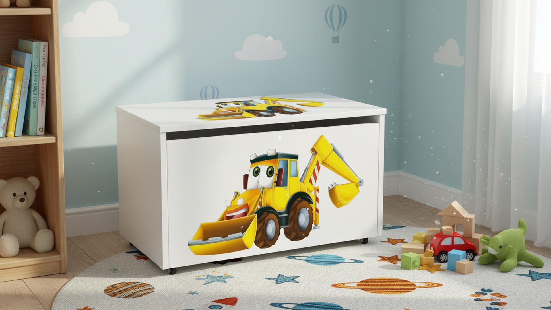 Skrzynia na zabawki 2w1 drewniana z siedziskiem na kółkach 91L kufer dla dzieci pojemnik organizer do pokoju dziecka MDF bezpieczne zamykanie kolorowy nadruk 71×40×46 cm (Koparka)