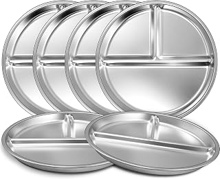 EWFEN Stainless Steel Toddler Plates Set of 6 - 9" Divided Portion Control, Unbreakable Non-Slip Dishwasher Safe for Kids Adults