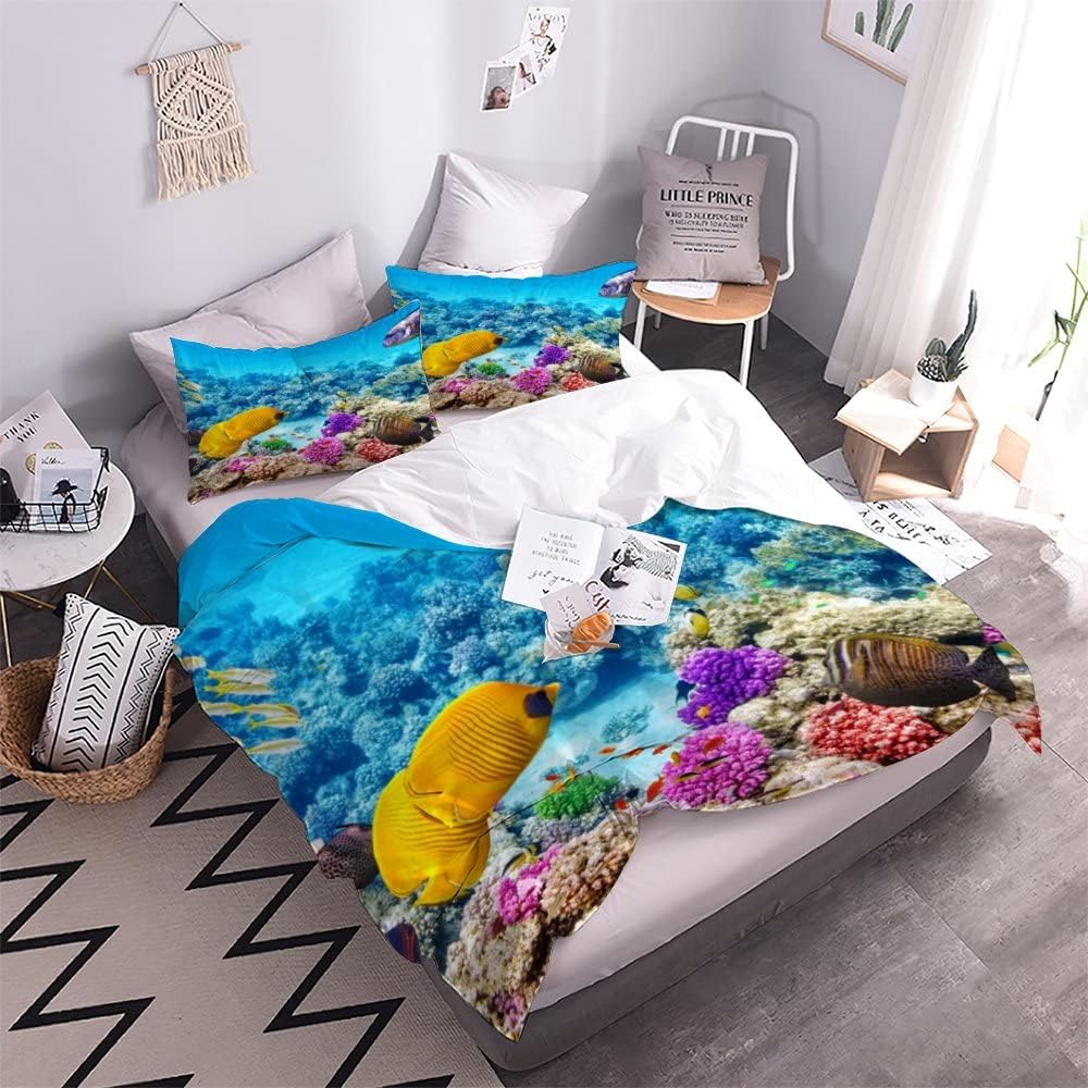 3D Printed Duvet Cover Coral Fish Pattern Printed Bedding Duvet Cover with Zipper Closure Soft Microfiber（78"X78"）