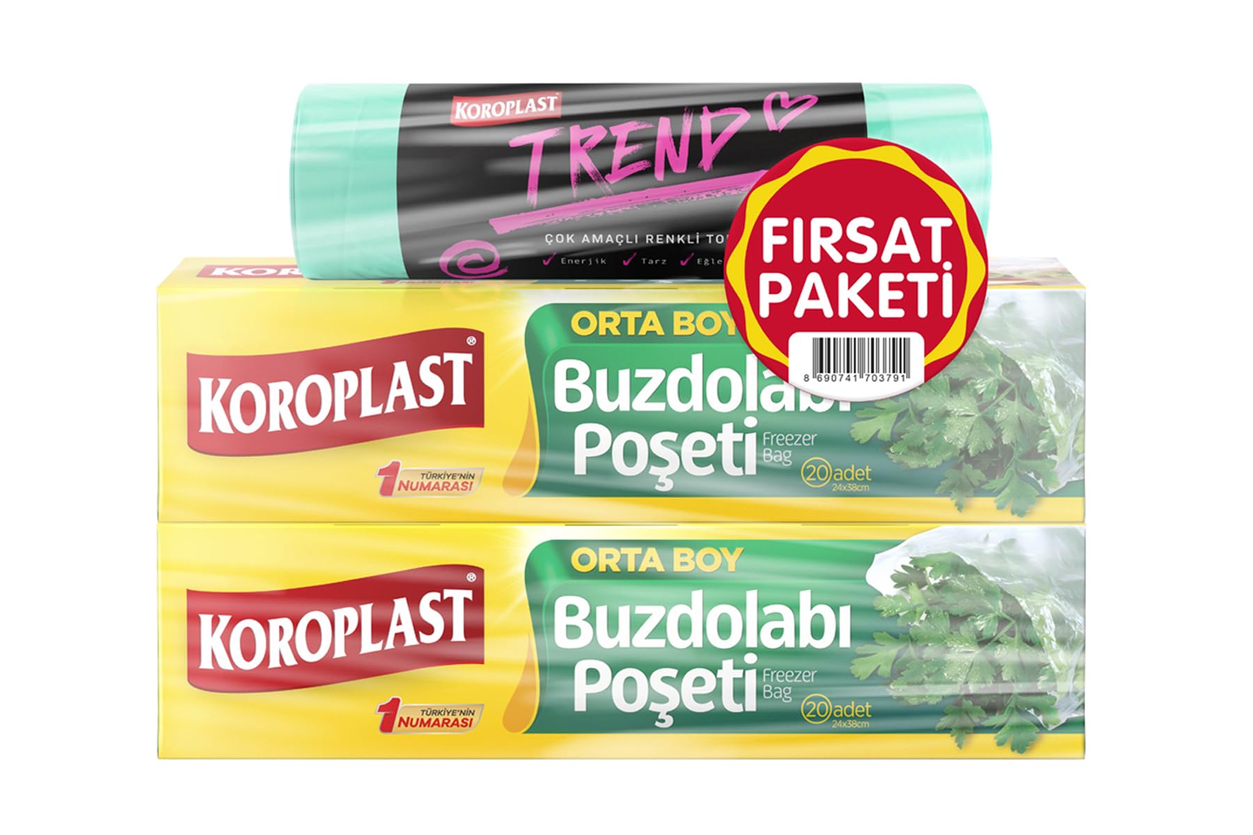 Koroplast Orta Boy Buzdolabı Poşeti 20'li + Orta Boy Büzgülü Çöp Torbası 10'lu x 1, Sızdırmaz Mutfak Buzdolabı Poşeti Gıda Saklama Torbası 10x10 cm, Yırtılmaz ve Büzgülü Atık Çöp Poşeti 10x10 cm