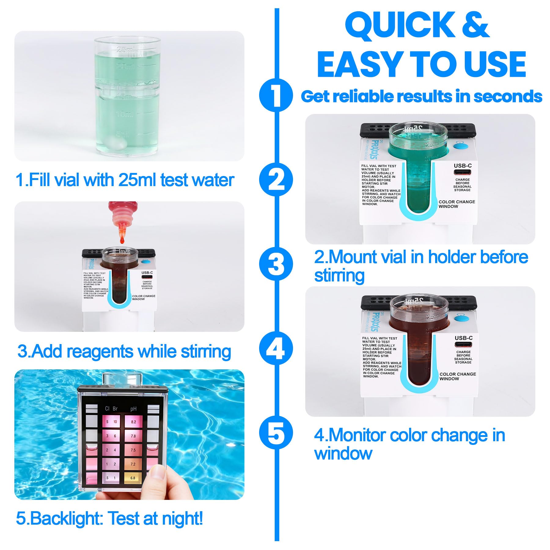 PRAXXIS Kit per test di chimica dell'acqua della piscina, scatola luminosa a scatto, agitatore magnetico automatico integrato, miscelatore magnetico con controllo a pulsante, kit di test dell'acqua