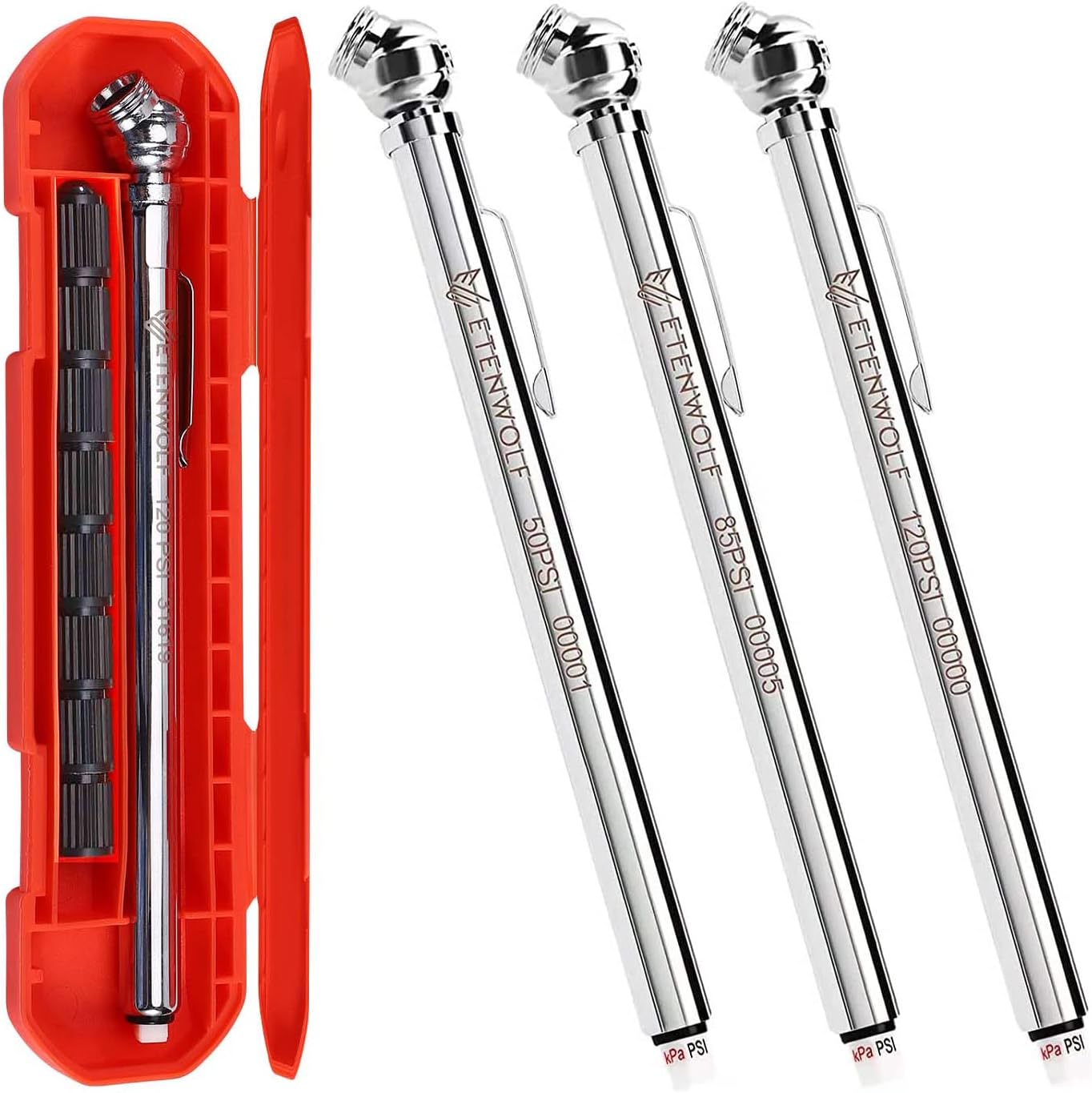 ETENWOLF Pencil Tire Pressure Gauge 3 Pack (10-50PSI, 10-85PSI, 20-120PSI) with 24 Tire Caps, Calibrated to ANSI B40.1 Grade B(2%), Stainless Steel Body, for Cars, Pickups, RVs, Bicycles