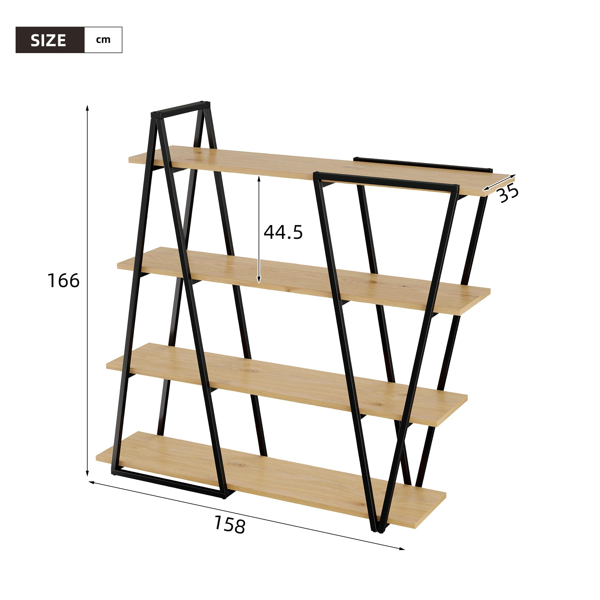 158×35×166 cm Geometrisches Stehregal – Bücherregal/Offenes Metallregal mit 25 mm Verdickt MDF-Holzböden, Dreiecksdesign, für Wohnzimmer, Küche & Arbeitszimmer,Regal - Bücherregal