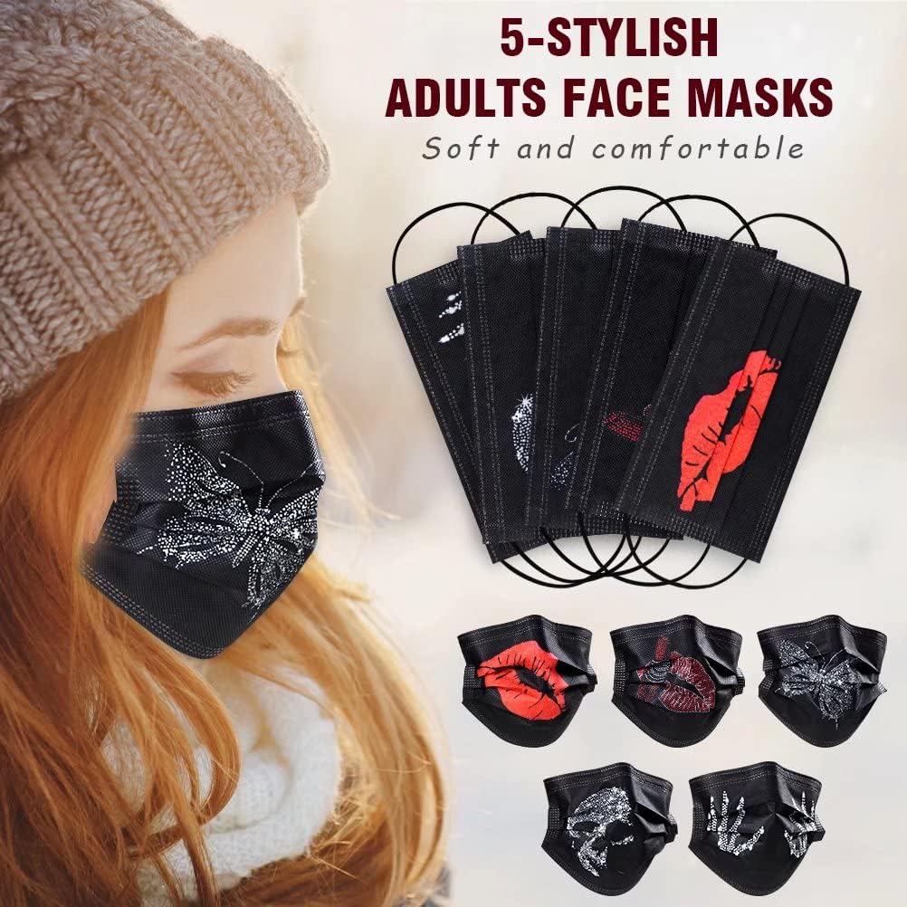 Disposable Face Masks - 100Pcs, Black Masks with Designs, Skull and Bones Prints Women Face Masks, Red Lips Disposable Masks for Women