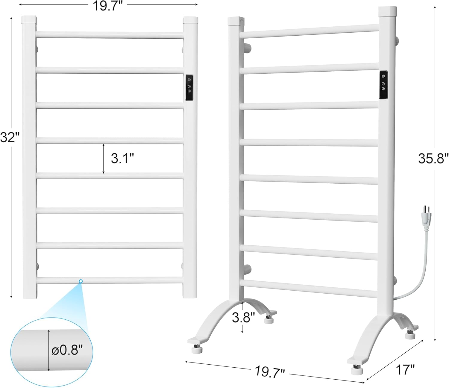 Diagram showing the dimensions of the heated towel warmer rack
