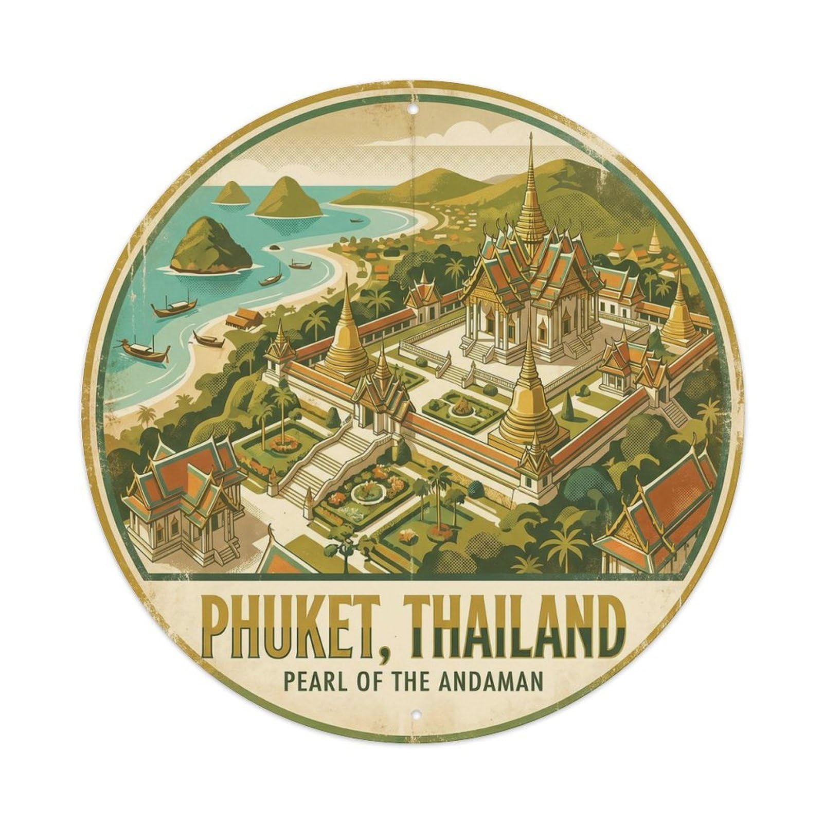 Phuket Temple Panorama Coastal Town Historic Island Metal Tin Sign