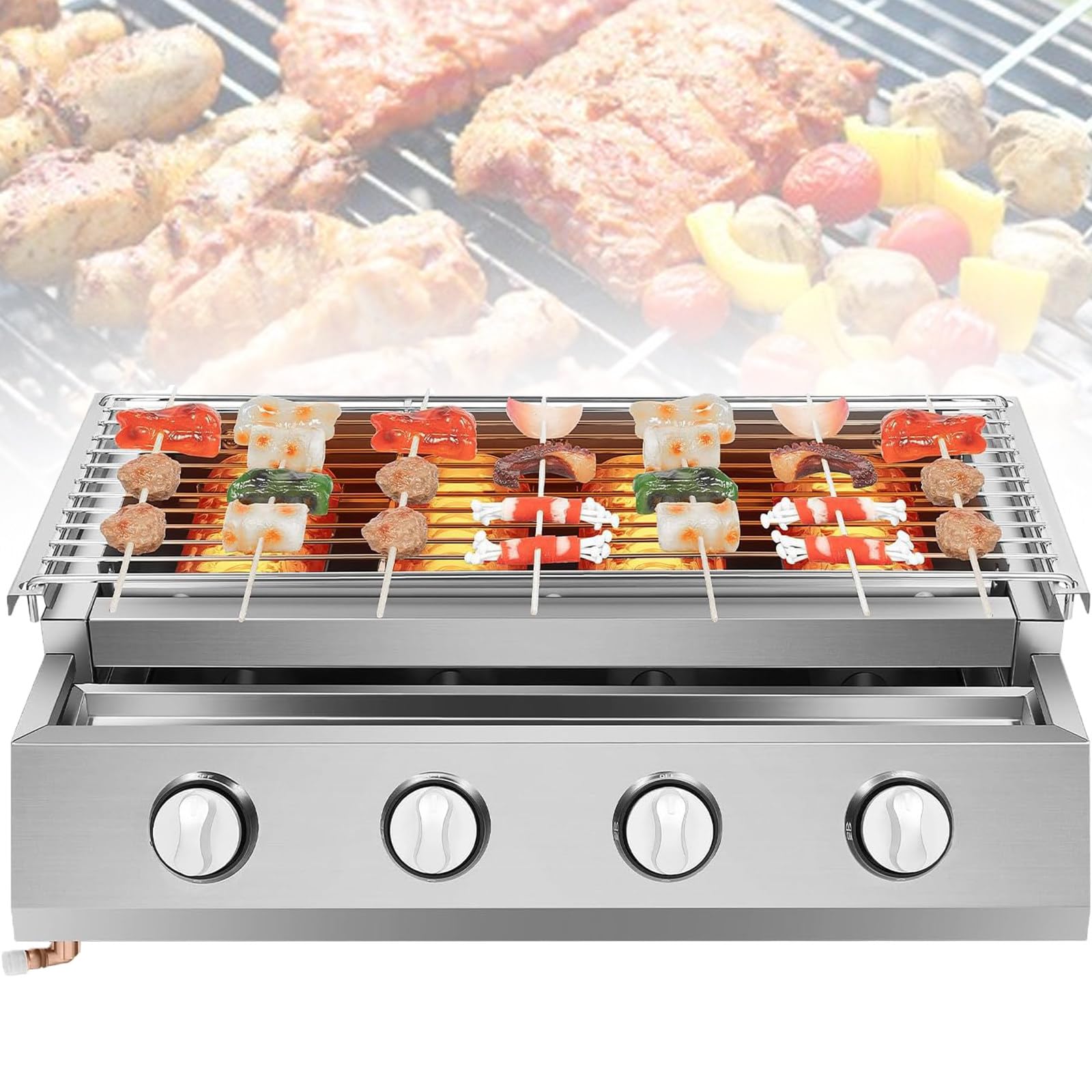 Grill gazowy z 4 przełącznikami, grill zewnętrzny ze stali nierdzewnej, 4-palnikowy grill gazowy do ogrodu, grill gazowy z regulacją wysokości i wyjmowaną tacką na olej