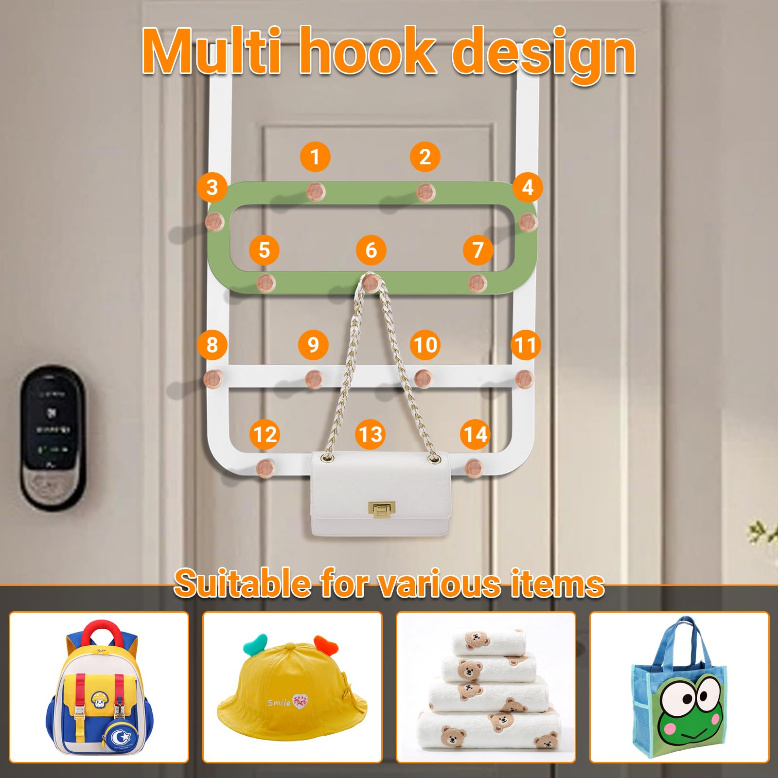 Ganchos de puerta para mochilas, colgador de puerta extralargo, perchero de bolas de madera, ideal para guardería, dormitorio, baño, bolso y organizador de toallas