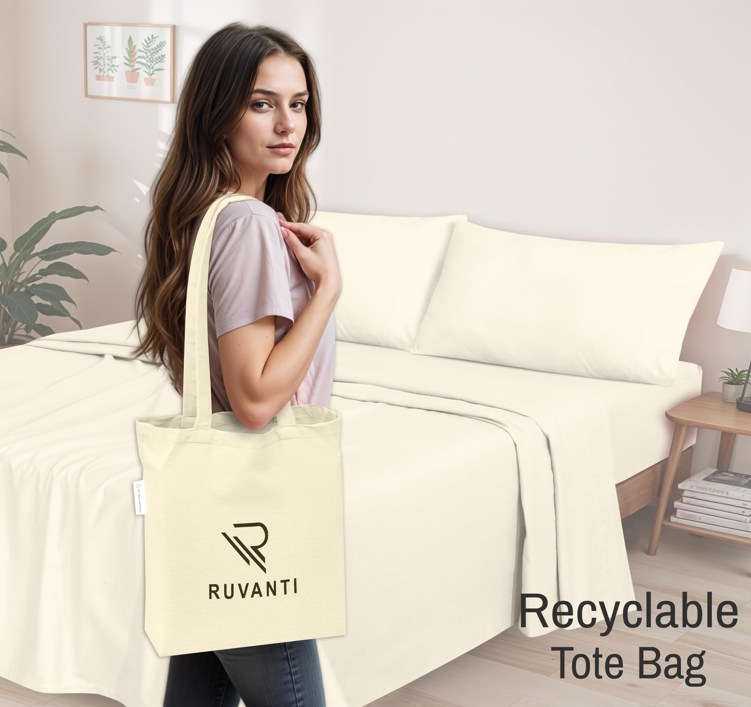 Ruvanti Sábanas de Franela orgánica tamaño matrimonial, Juego de sábanas 100% algodón de Doble Cepillado, Bolsillo Profundo de 16 Pulgadas, Transpirables, extrasuaves, cálidas y acogedoras, 4 Piezas,