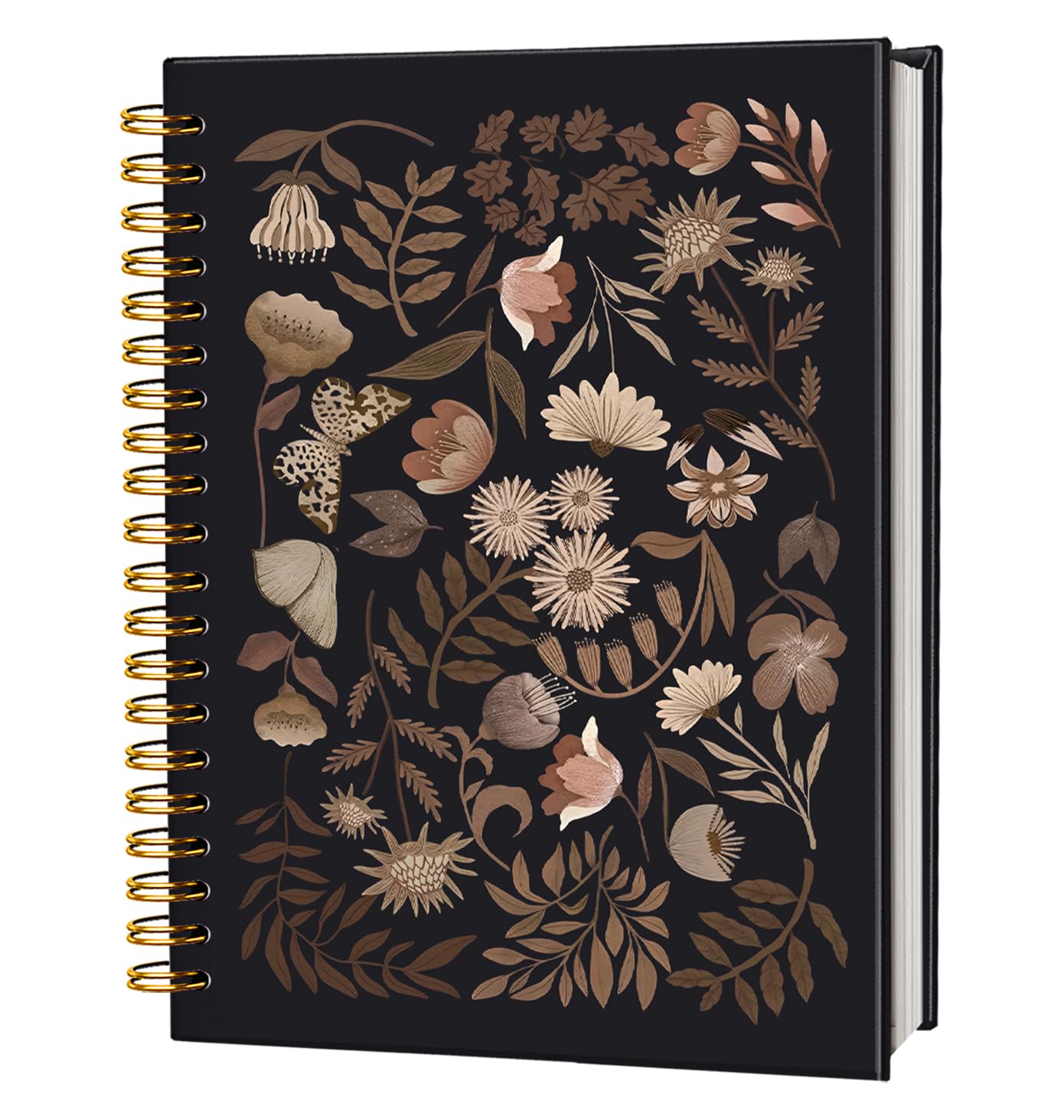 FLVGE Vintage Floral Spiral Notebook Journal, Retro Floral Flower College Ruled Notebook Spiral Bound Writing Journals for Schools Classrooms, Black