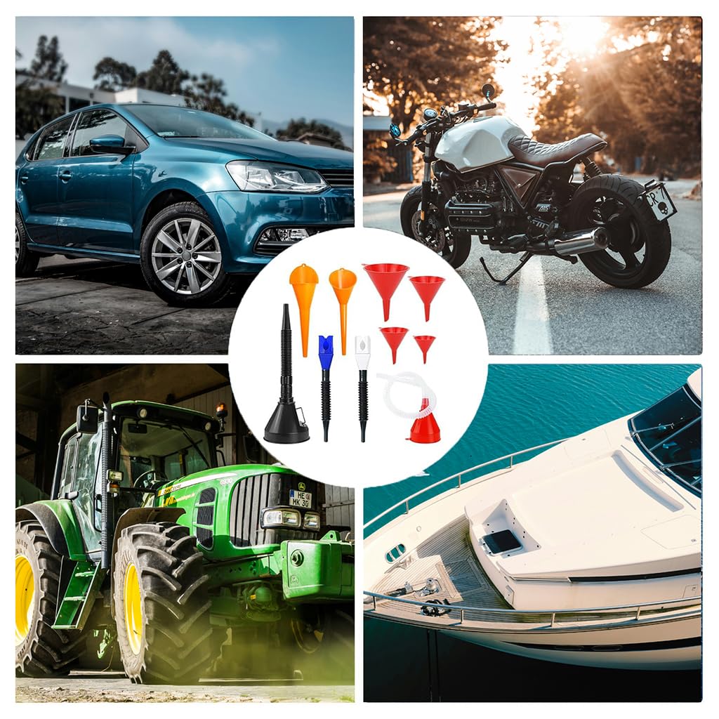 10 embudos para uso automotriz, juego de embudos automotrices con boca ancha y cuello largo, kit de embudo de combustible de transmisión de aceite para mantenimiento de automóviles