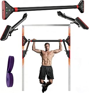 Pull Up Bar for Doorway with Resistance Bands - Strength Training Chin up Bar without Screws - Heavy Duty 440kg Capacity Adjustable Length 78-100 cm,Home Gym Equipment for Full-Body Training
