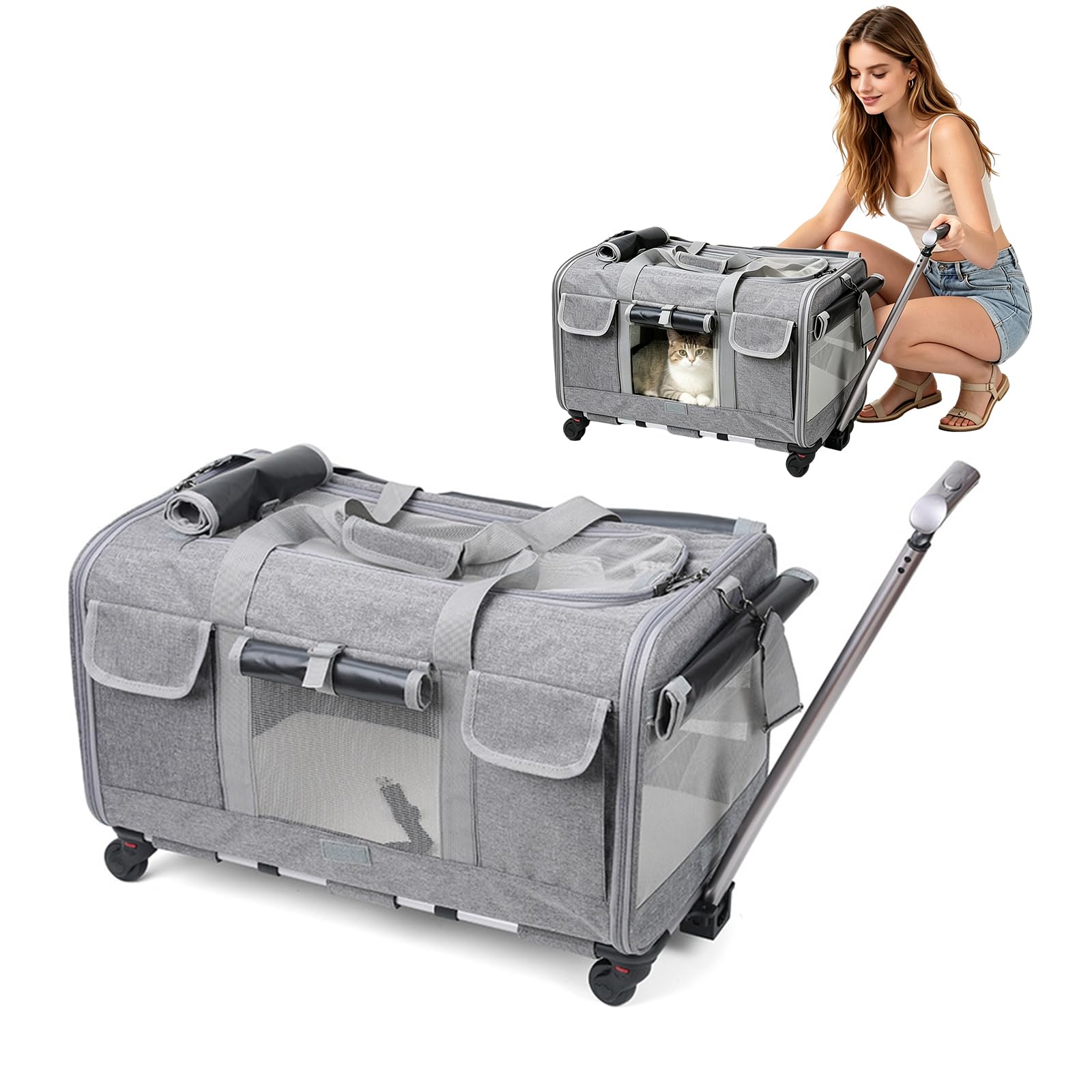 PETCUTE Transportín para Mascotas con Ruedas Carga de 17.5kg,Transpirable Transportador para Mascotas con Asa Telescópica,Plegable Transportín Perro Gato con Alfombrilla extraíble,Aerolínea Aprobada