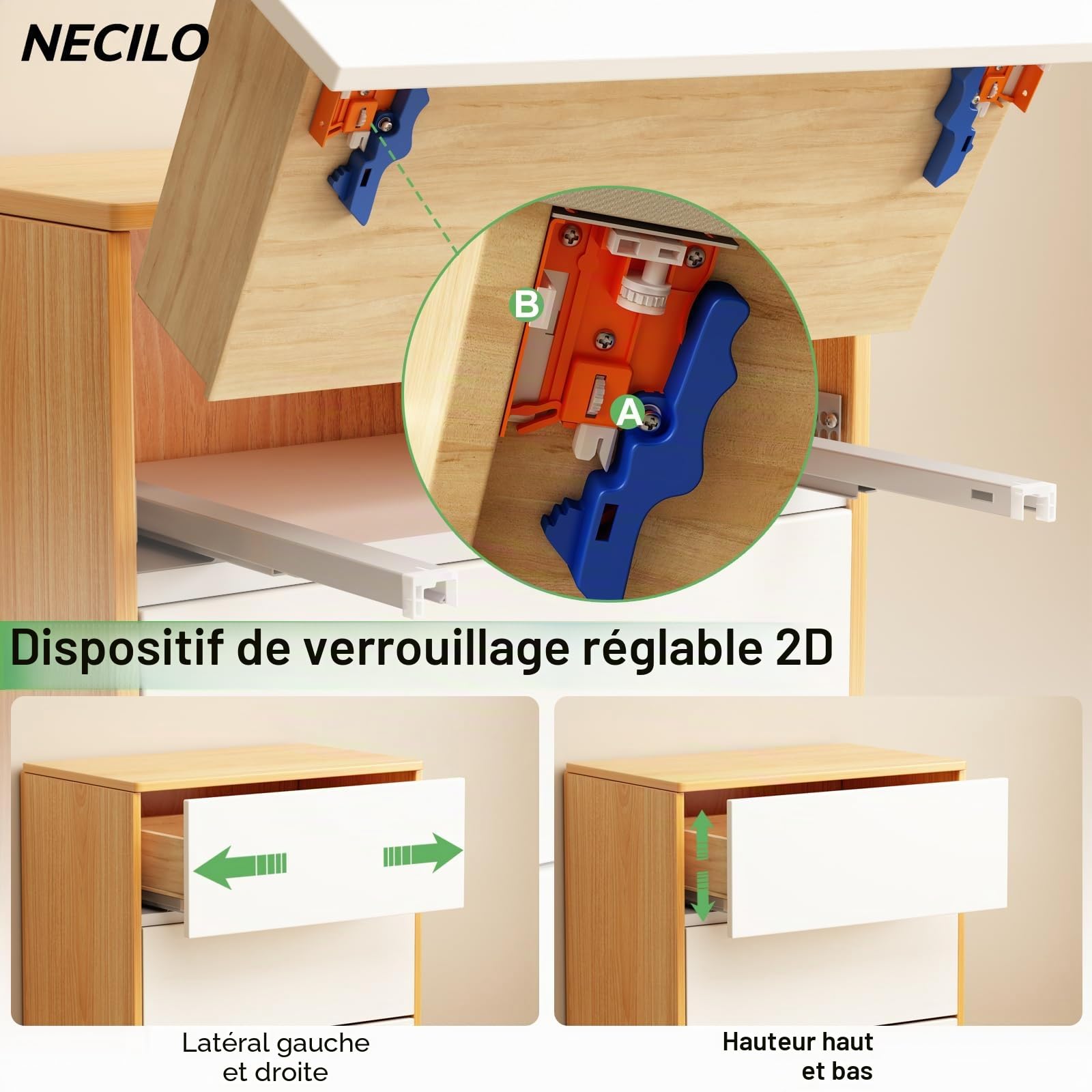 NECILO Glissières à montage sous plan, push to open et soft close, 500 mm | Extension totale, capacité de charge de 35 kg, 1 paire pour cuisine et armoire.