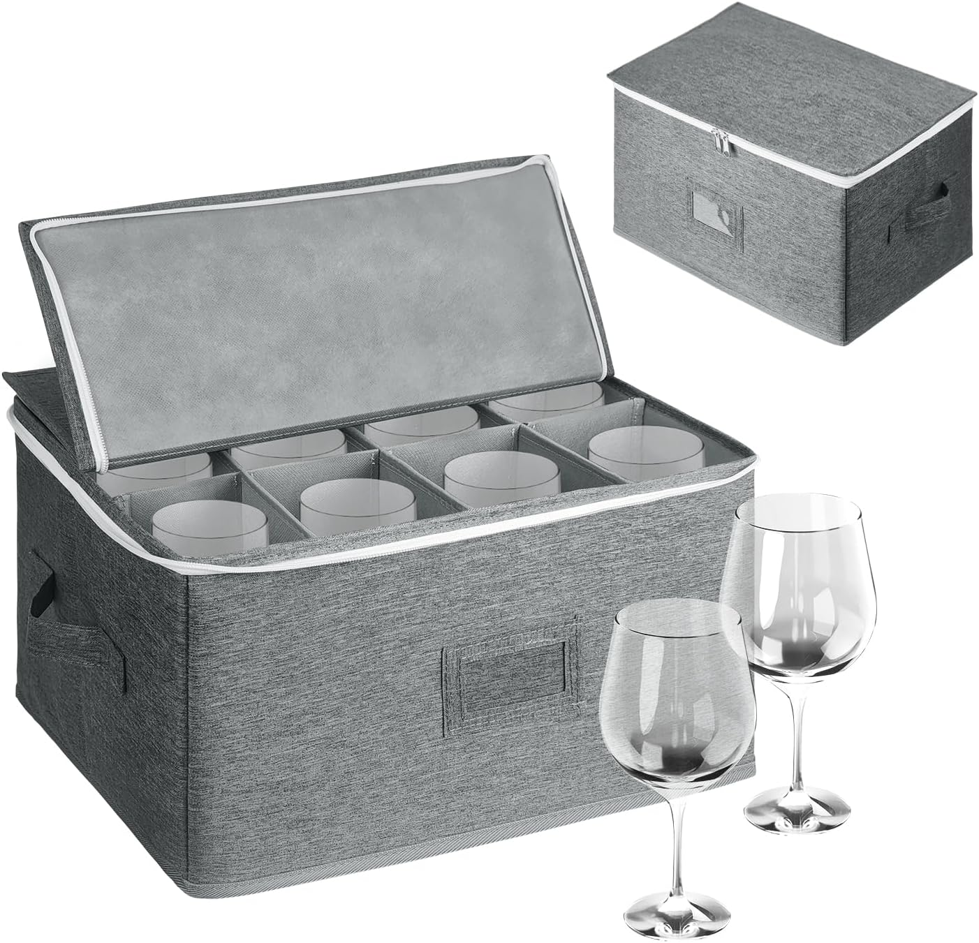 Wine Glass Storage Box for 12 Glasses - Stackable Stemware Organizer with Removable Dividers, Heavy-Duty Zippered Case & Handles | Dustproof Moving Box for Crystal, Champagne Flutes (Grey,) Minimalist