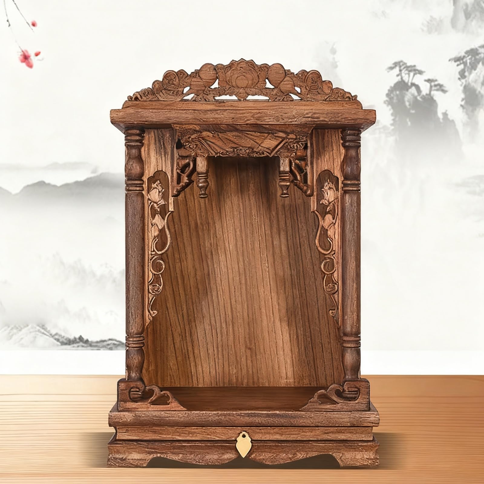 JNTFNE Wall mounted solid wood Buddha Altar,Household Cabinet Niche,mini buddhist shrine with Drawer for Pooja and Incense Tribute(Walnut,Small)
