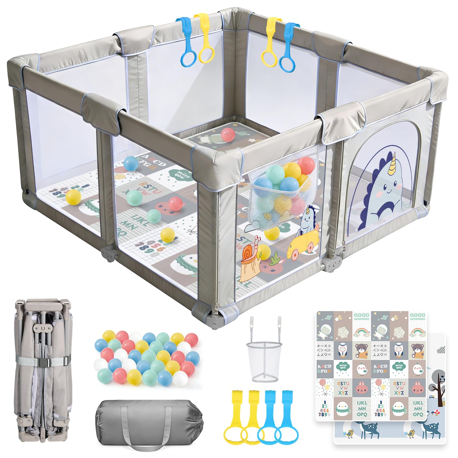 SPYLAVE Laufstall Baby Faltbar 130x130 mit Matratze, Tragbarer Laufgitter Baby aus 300D Oxford-Gewebe, 360° Atmungsaktives Netz & Rutschfestem Boden, Sicherer Babyspielplatz für Drinnen & Draußen