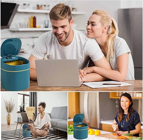 Miniatura 7 de Mini basurero de plástico con tapa, papelera desplegable de 2 L para tocador de baño, escritorio, mesa o mesa auxiliar, desecha rondas de algodón,