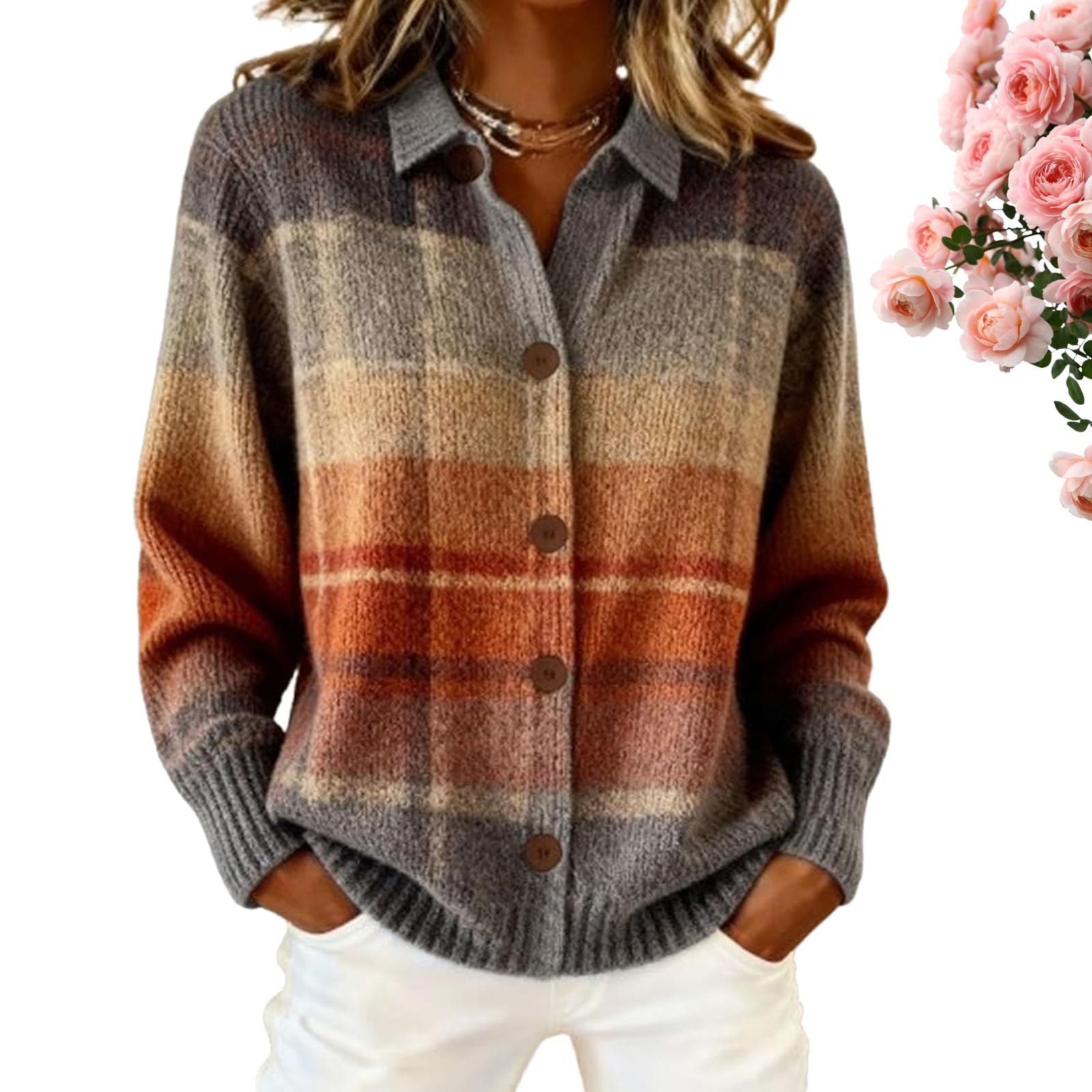 Womens Plaid Print Casual Cotton Buttoned Cardigan Sweater Plaid Knitted Cropped Cardigan Sweater