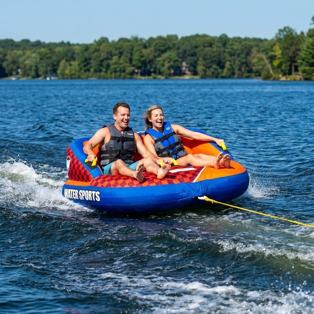 2 Person Inflatable Towable Tube for Boating, Water Sport Towable Float with Dual Handles and Quick Inflation Valve, Heavy Duty PVC Construction for Lake River Ocean towable Tubes for Boating Use