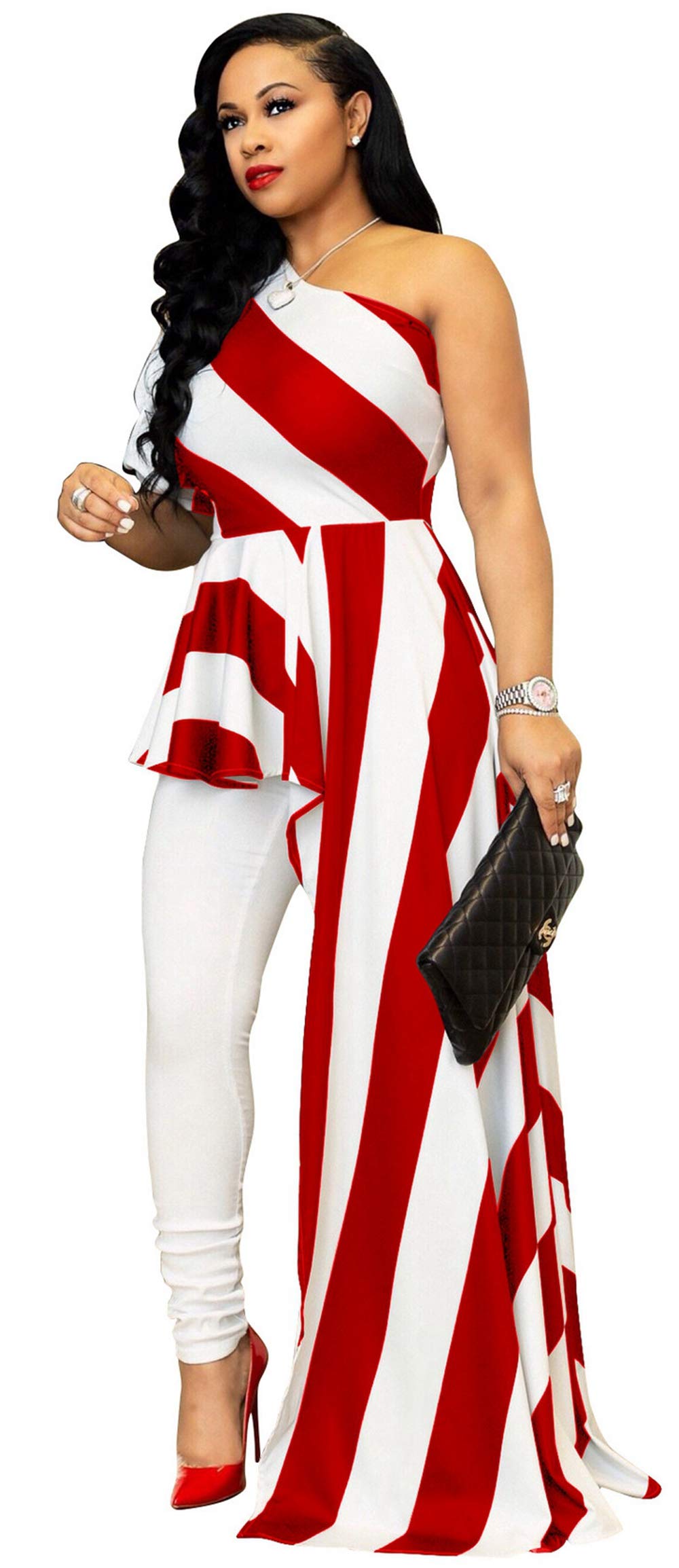 Women Sexy Striped One Shoulder High Low Irregular Tunic Tops Asymmetrical Blouse Shirt Maxi Dress