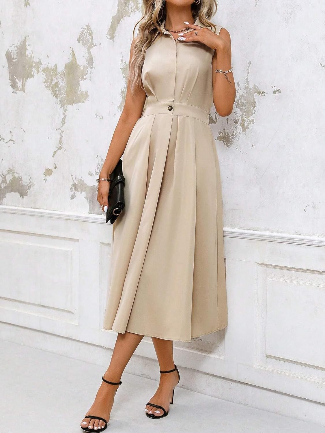 Elegant Women's A-Line Flared Midi Dress with Pockets Casual Summer Shirt Dress for Office, Weddings, and Party